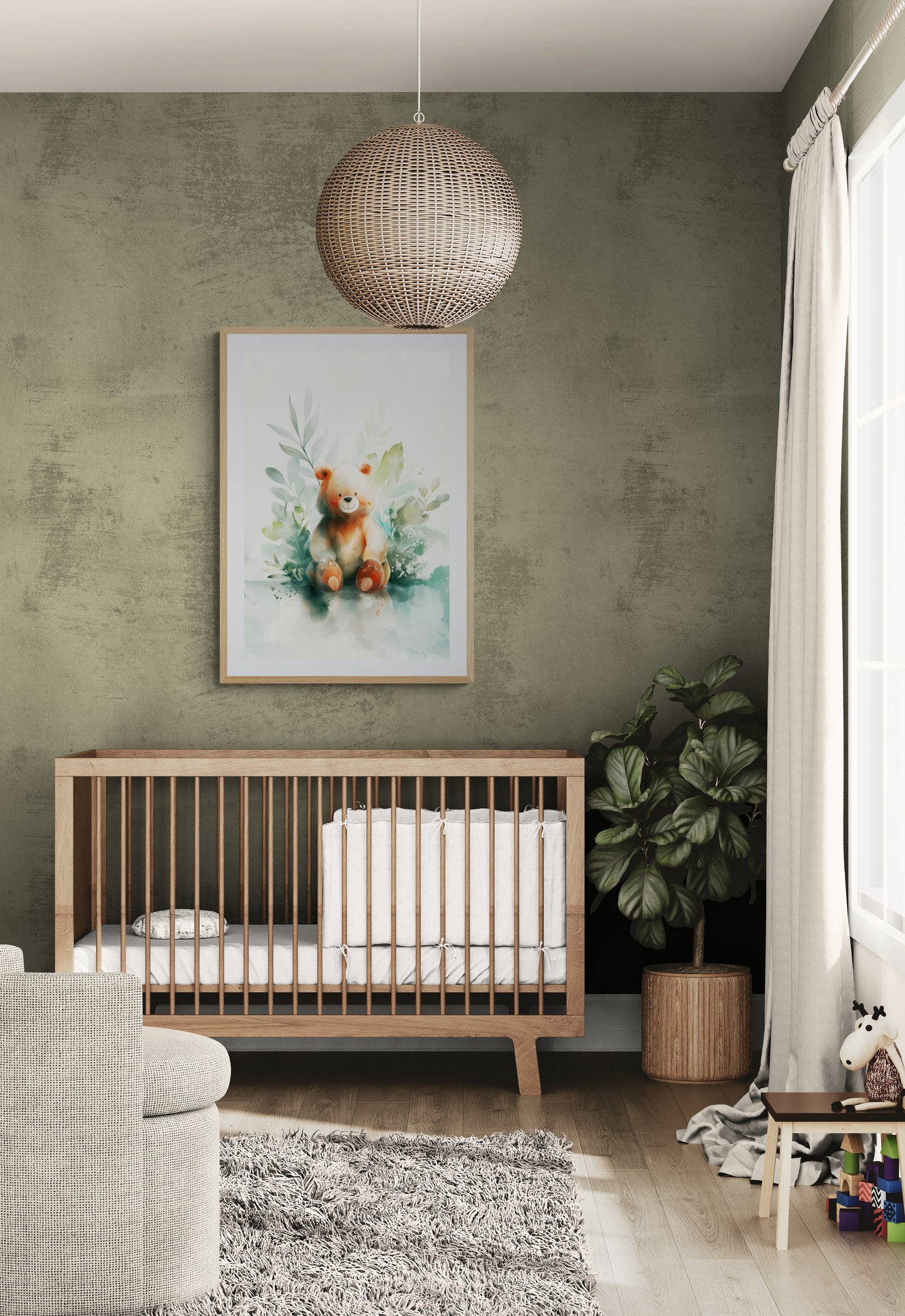 Botanical Teddy Bear – Soft Digital Watercolor Nursery Wall Art in Sage Green and Peach