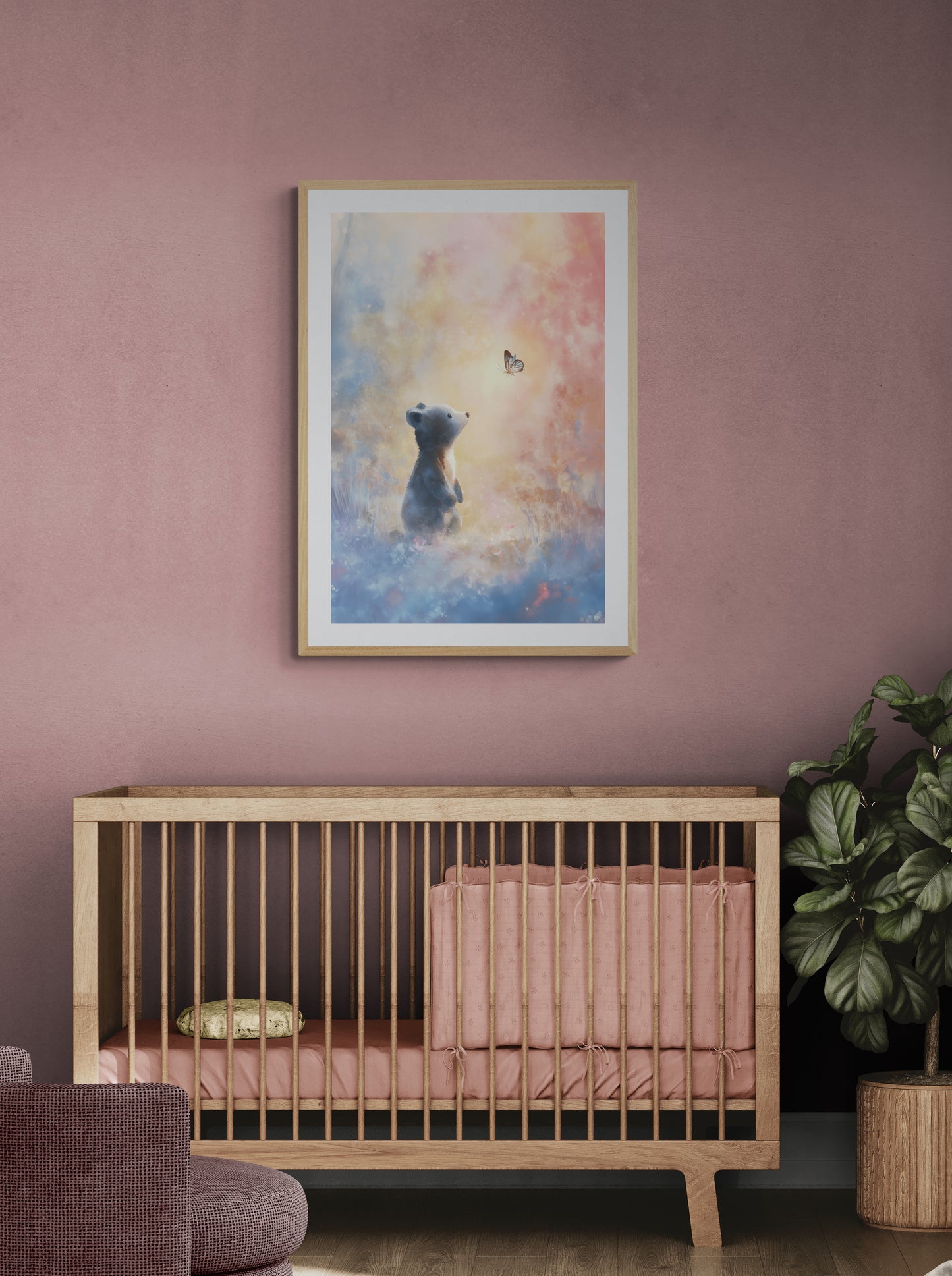 Little Bear and Butterfly Dreamscape – Whimsical Digital Watercolor Nursery Wall Art