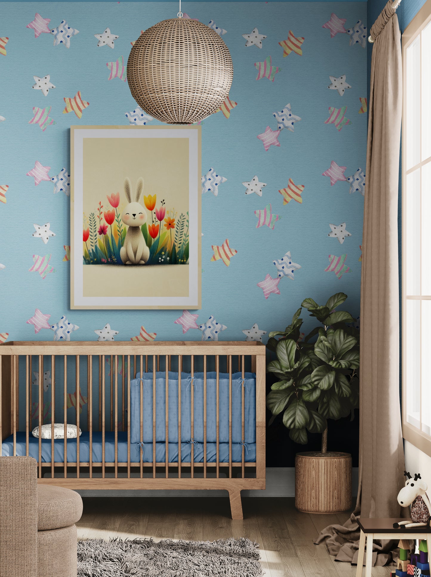 Smiling Bunny Among Wildflowers – Minimalist Nursery Wall Art Print in Soft Beige and Pastel Tones