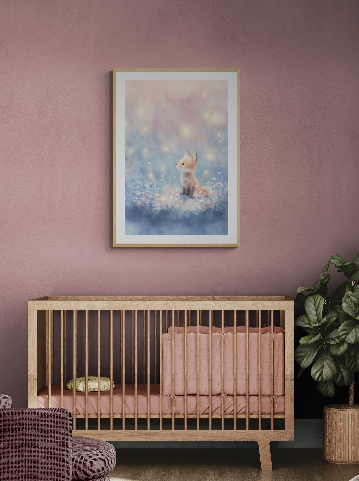 Whimsical Baby Fox with Fireflies in Pastel Twilight Meadow – Digital Painting Wall Art Print