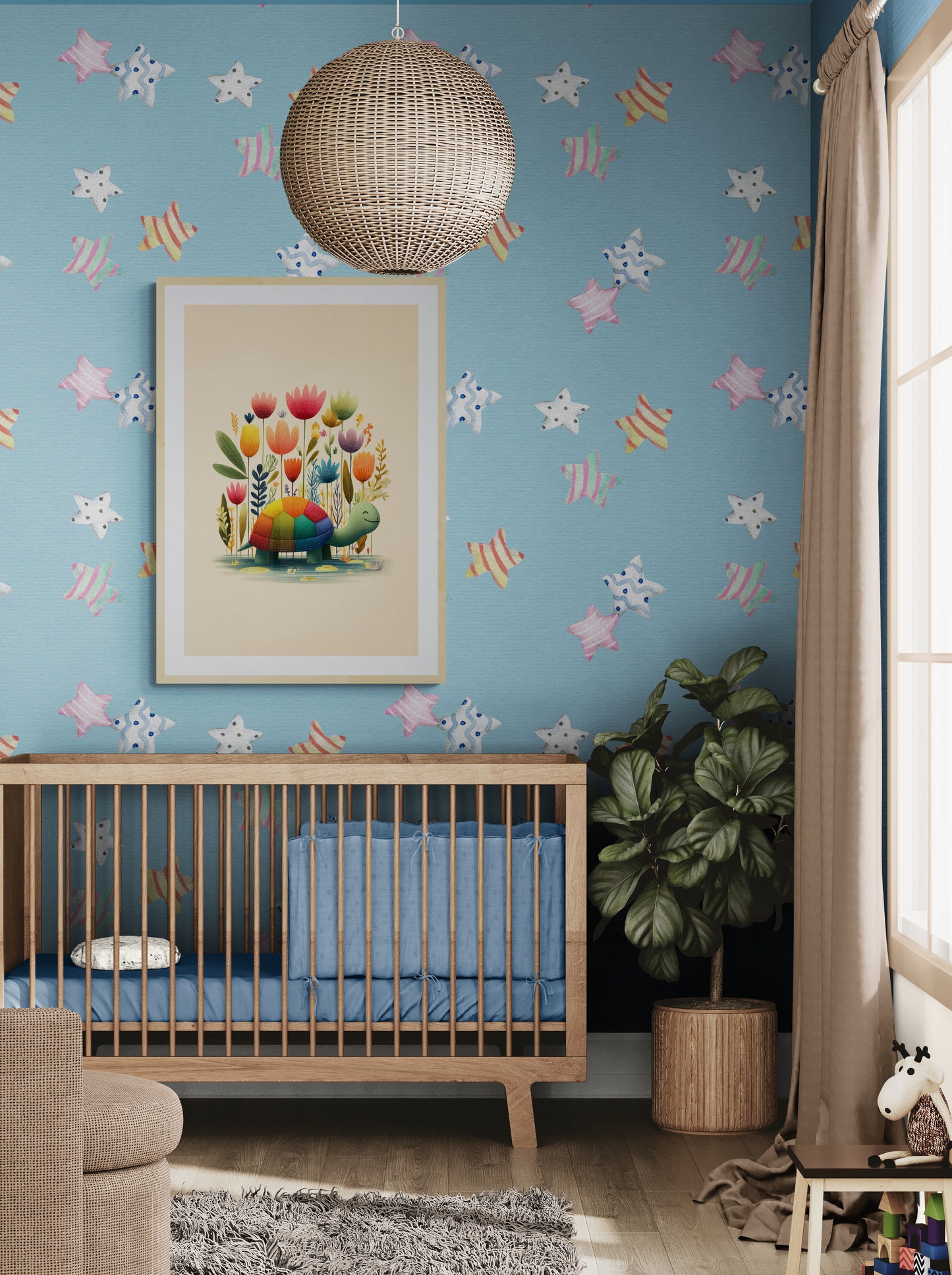 Rainbow Shell Turtle with Garden Flowers – Whimsical Nursery Wall Art Illustration on Beige