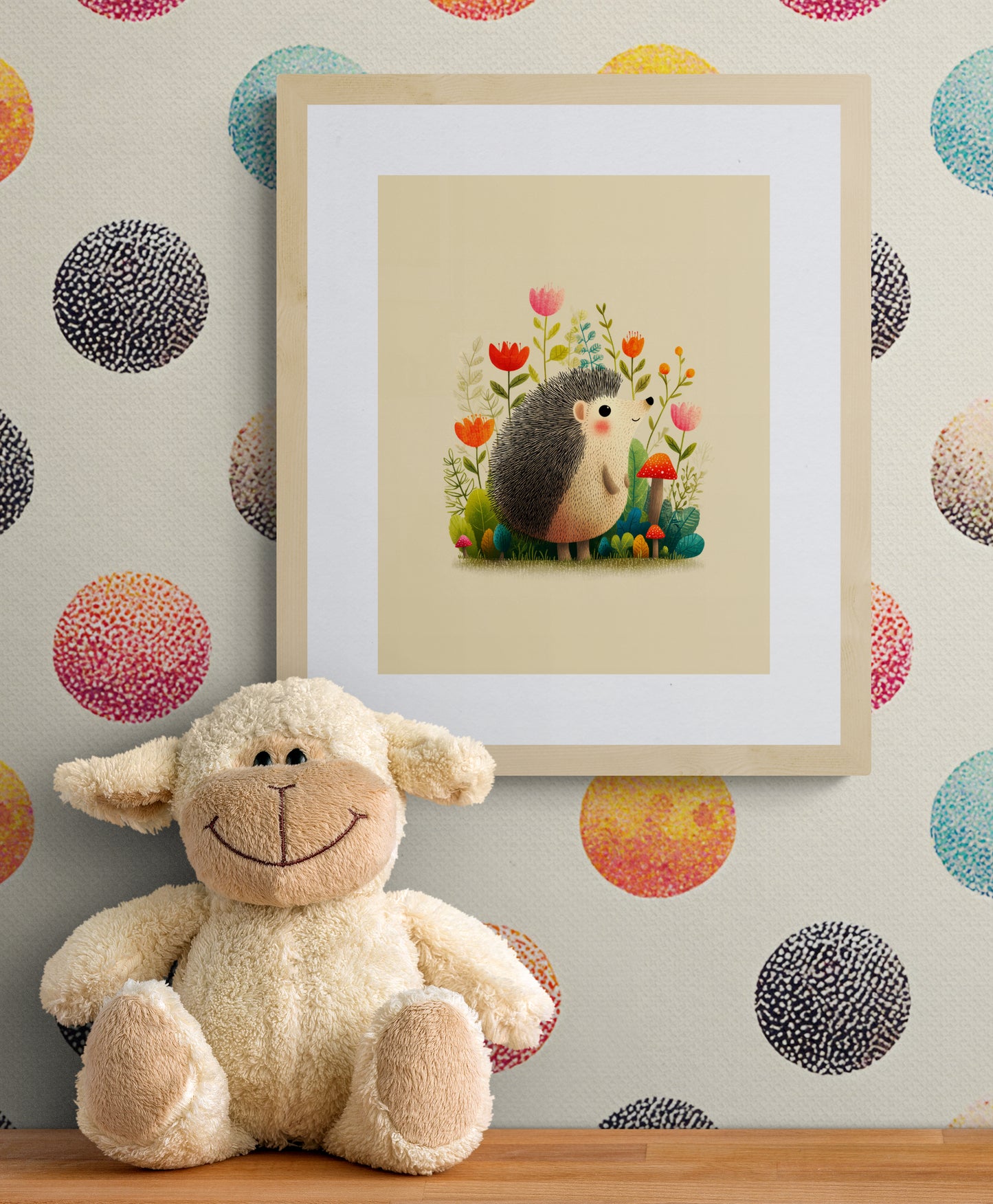 Whimsical Woodland Hedgehog with Wildflowers and Mushrooms — Cute Animal Nursery Wall Art on Beige
