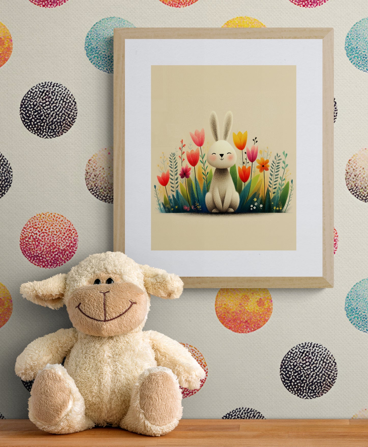 Smiling Bunny Among Wildflowers – Minimalist Nursery Wall Art Print in Soft Beige and Pastel Tones