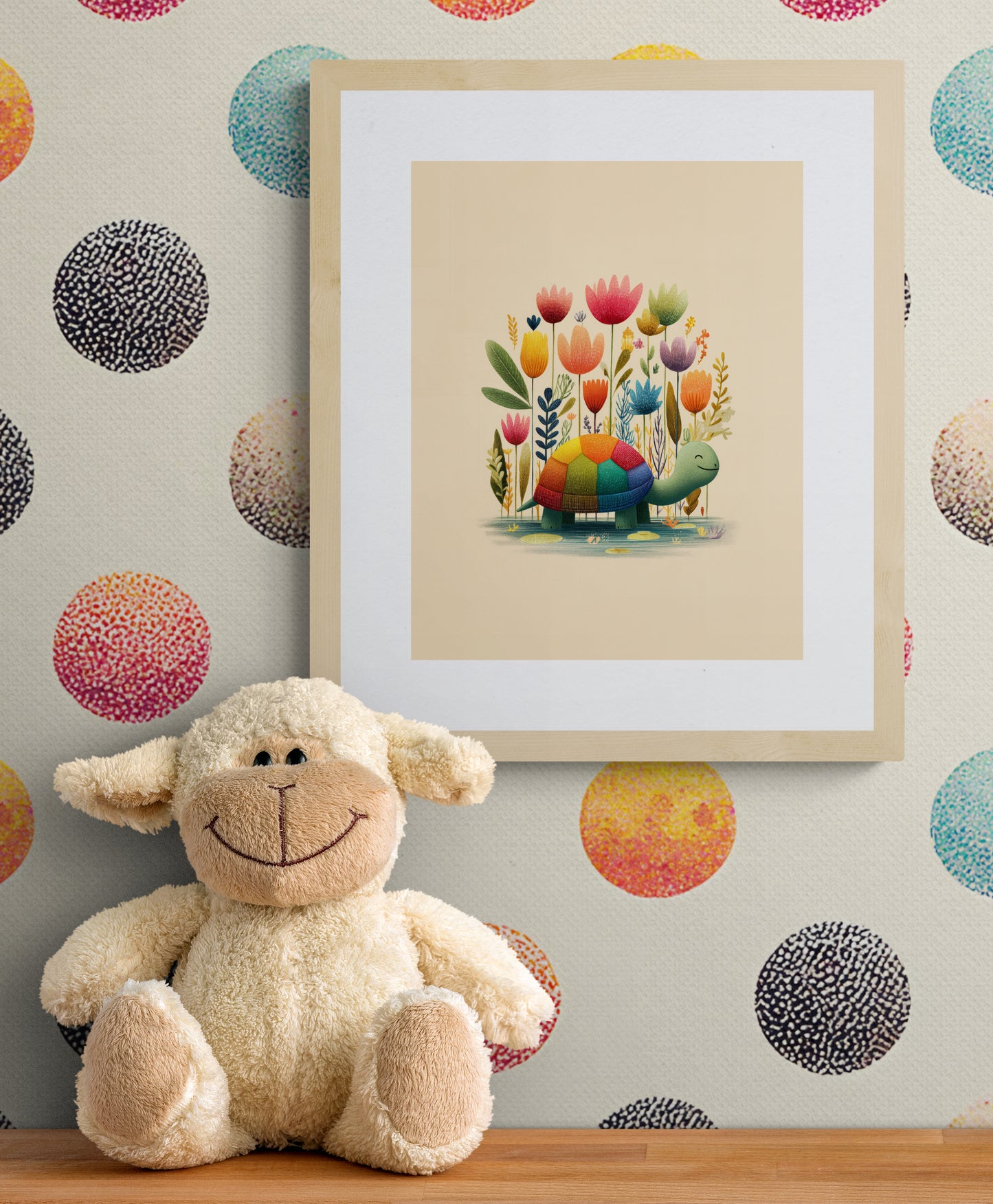Rainbow Shell Turtle with Garden Flowers – Whimsical Nursery Wall Art Illustration on Beige