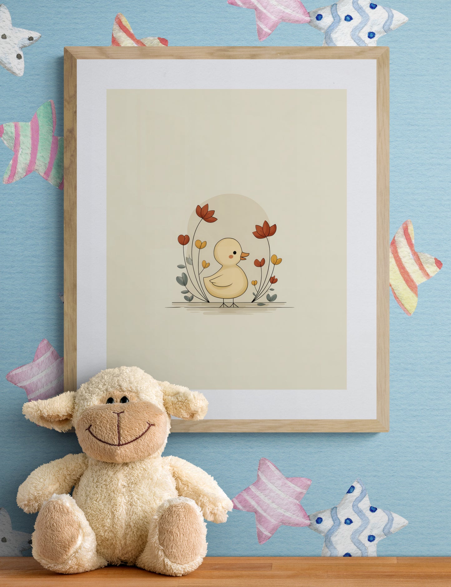 Duckling with Flowers – Boho Nursery Wall Art | Minimal Baby Animal Floral Print for Kids Room