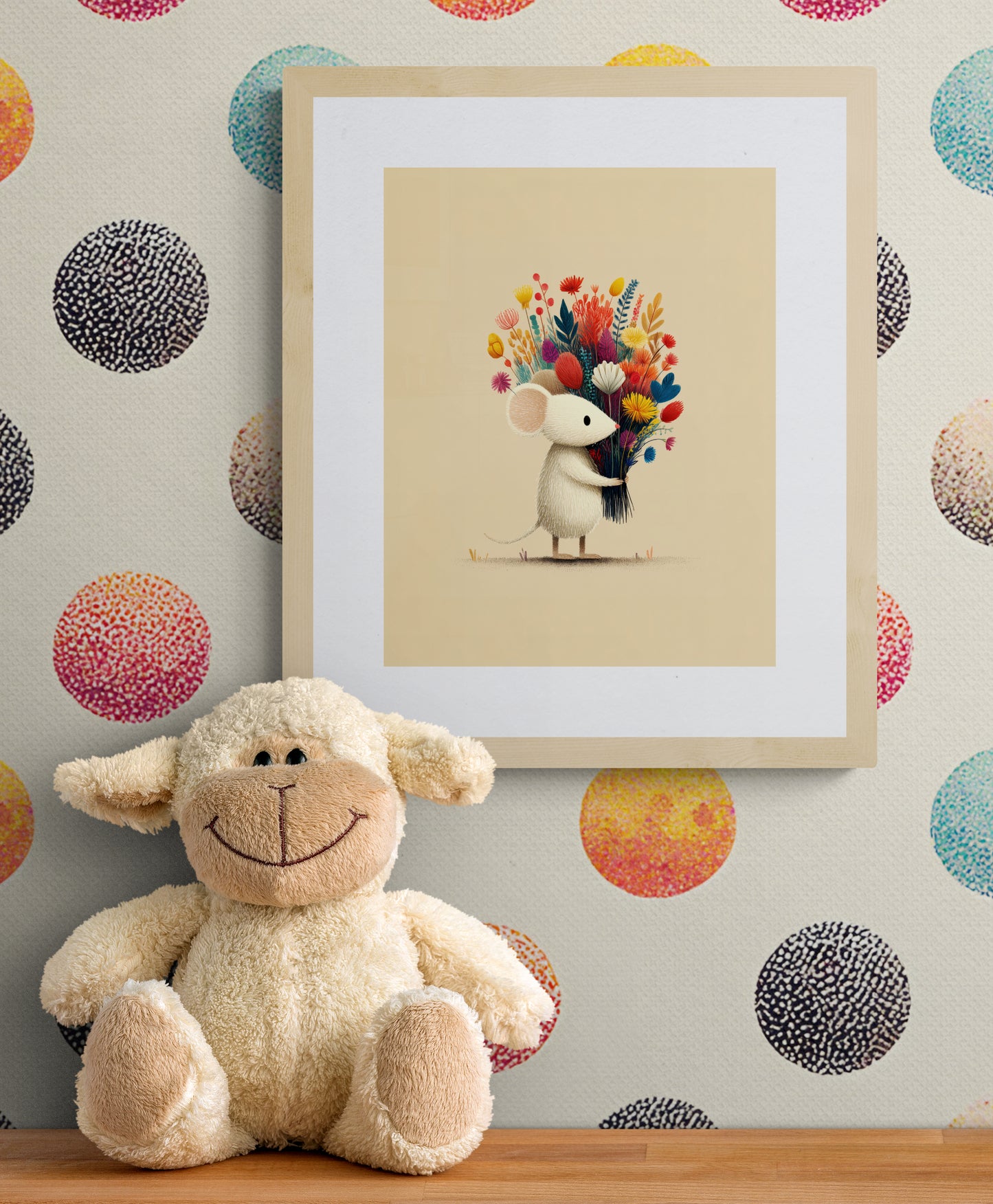 Whimsical Little Mouse with Wildflower Bouquet – Minimalist Nursery Wall Art Illustration on Soft Beige