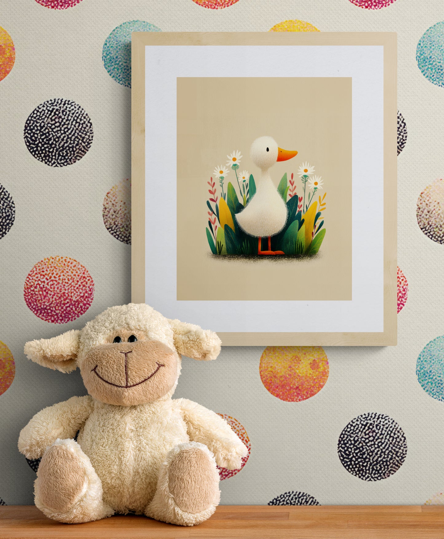 Whimsical Duckling in a Wildflower Garden – Gentle Minimalist Illustrative Nursery Wall Art on Soft Beige