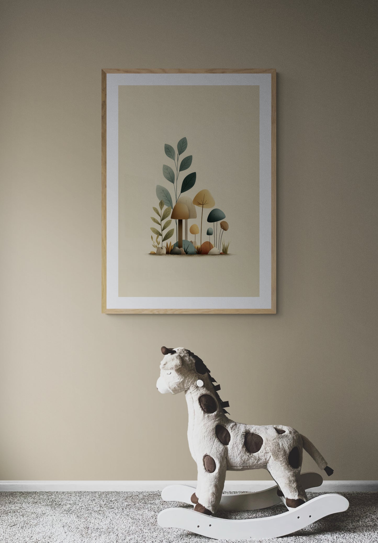 Minimal Woodland Mushroom Nursery Wall Art, Scandinavian Botanical Print, Neutral Sage Teal Mustard Kids Room Decor