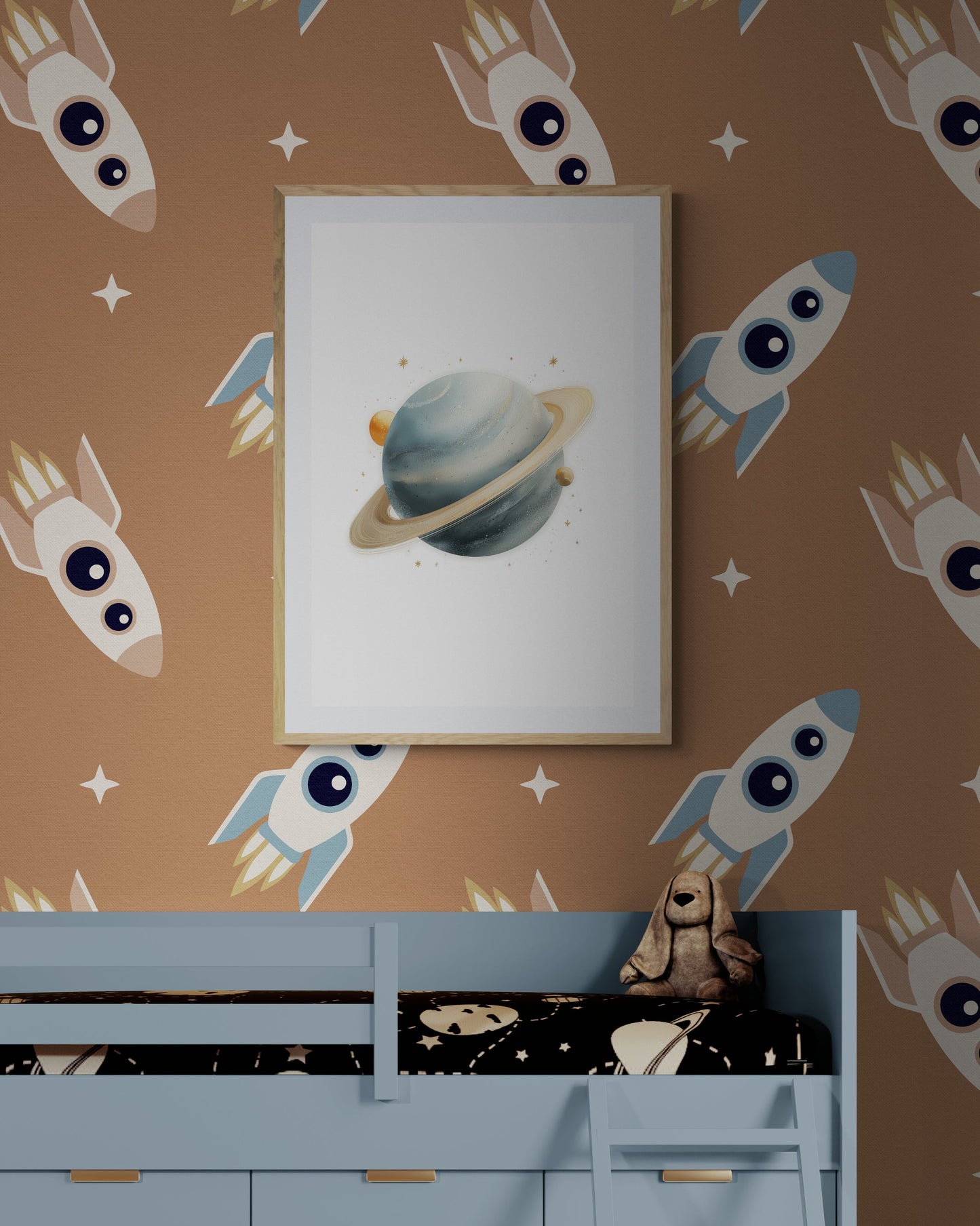 Watercolor Saturn Planet Nursery Wall Art Print, Neutral Blue Gold Space Kids Room Decor