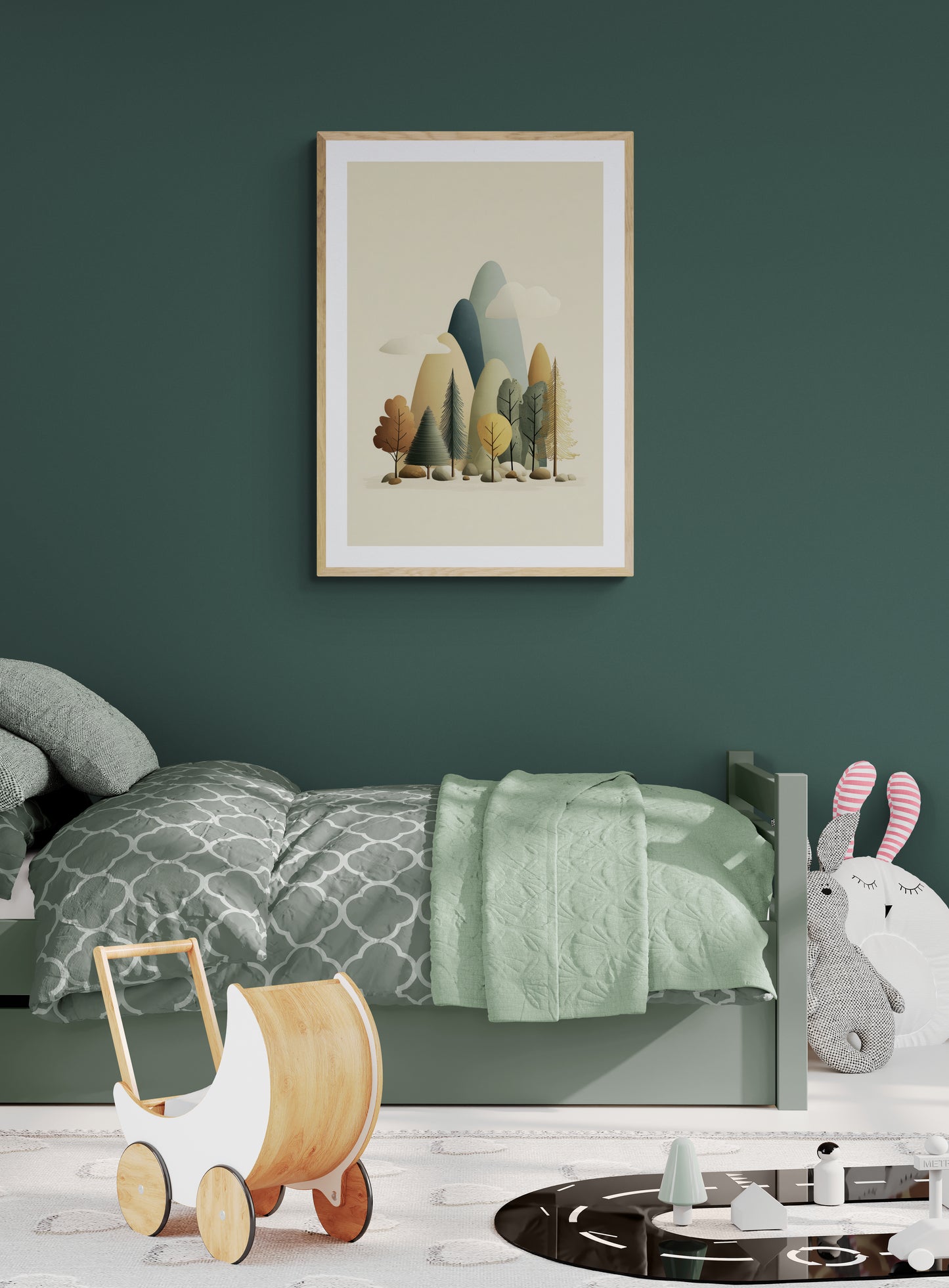 Minimal Mountain Forest Nursery Wall Art, Scandinavian Woodland Landscape, Neutral Kids Room Decor