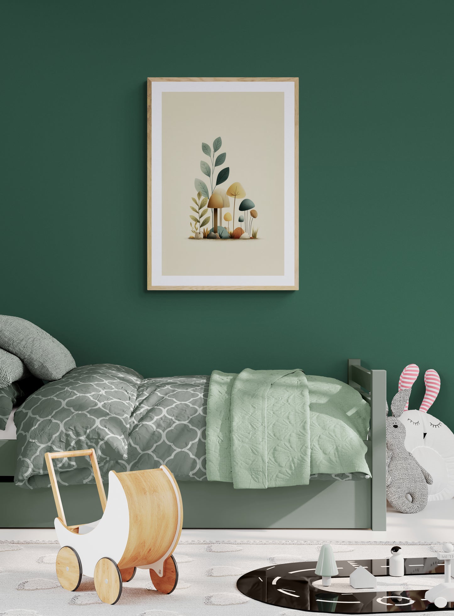 Minimal Woodland Mushroom Nursery Wall Art, Scandinavian Botanical Print, Neutral Sage Teal Mustard Kids Room Decor