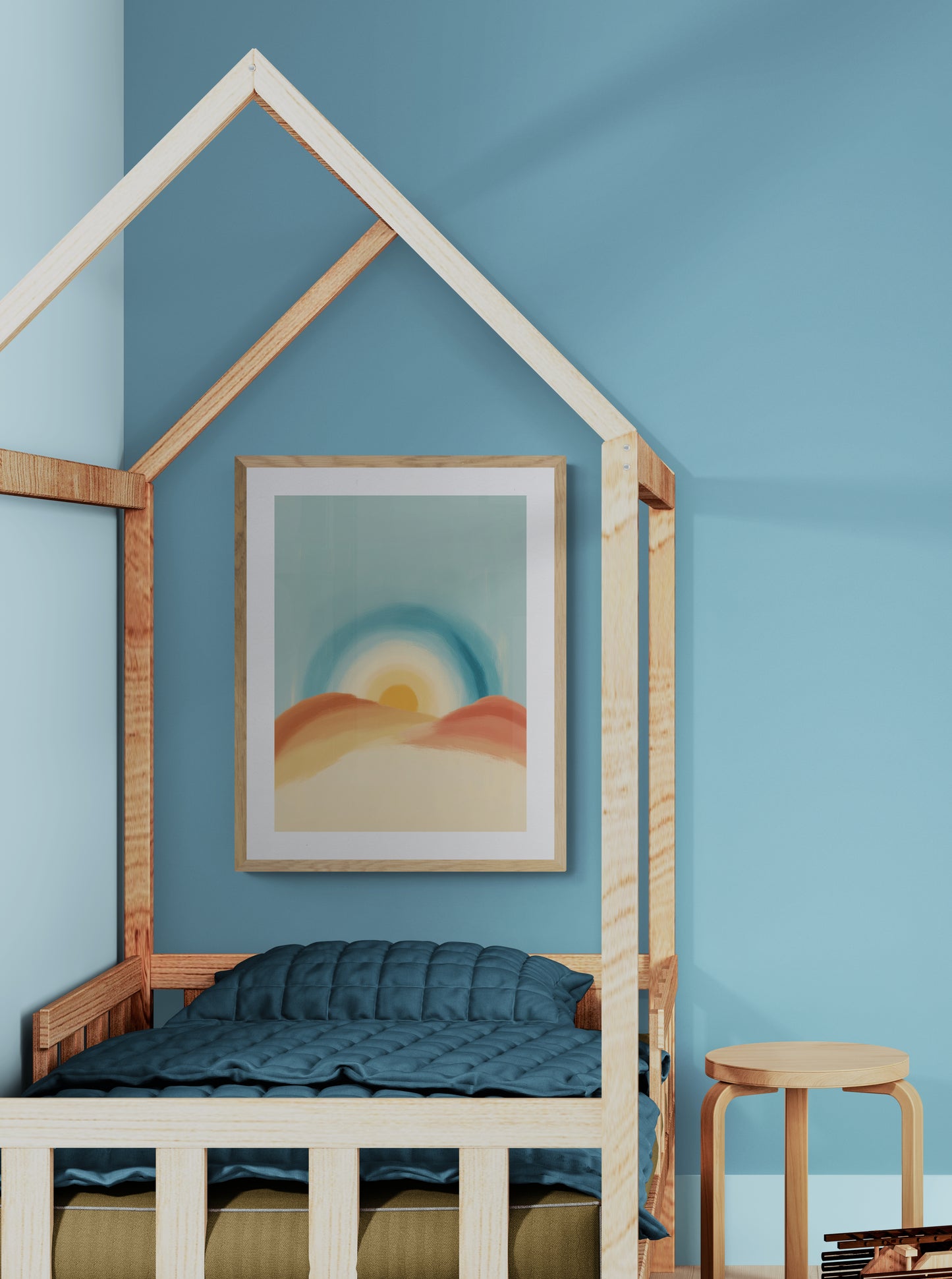 Pastel Sun Over Desert Hills Nursery Wall Art, Minimalist Boho Landscape Print for Kids Room Decor