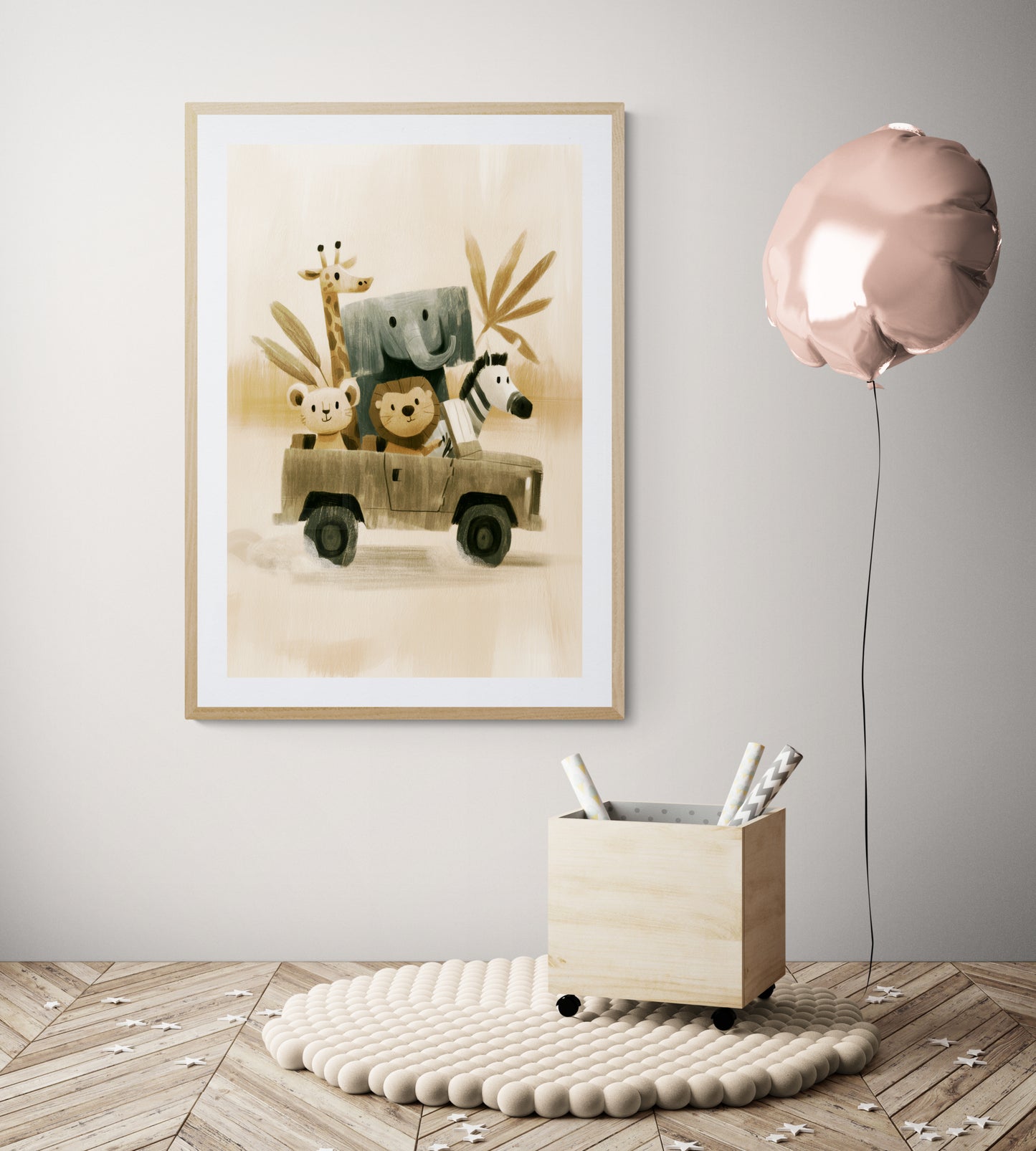 Safari Friends Road Trip – Whimsical Neutral Animal Illustration for Nursery Wall Art
