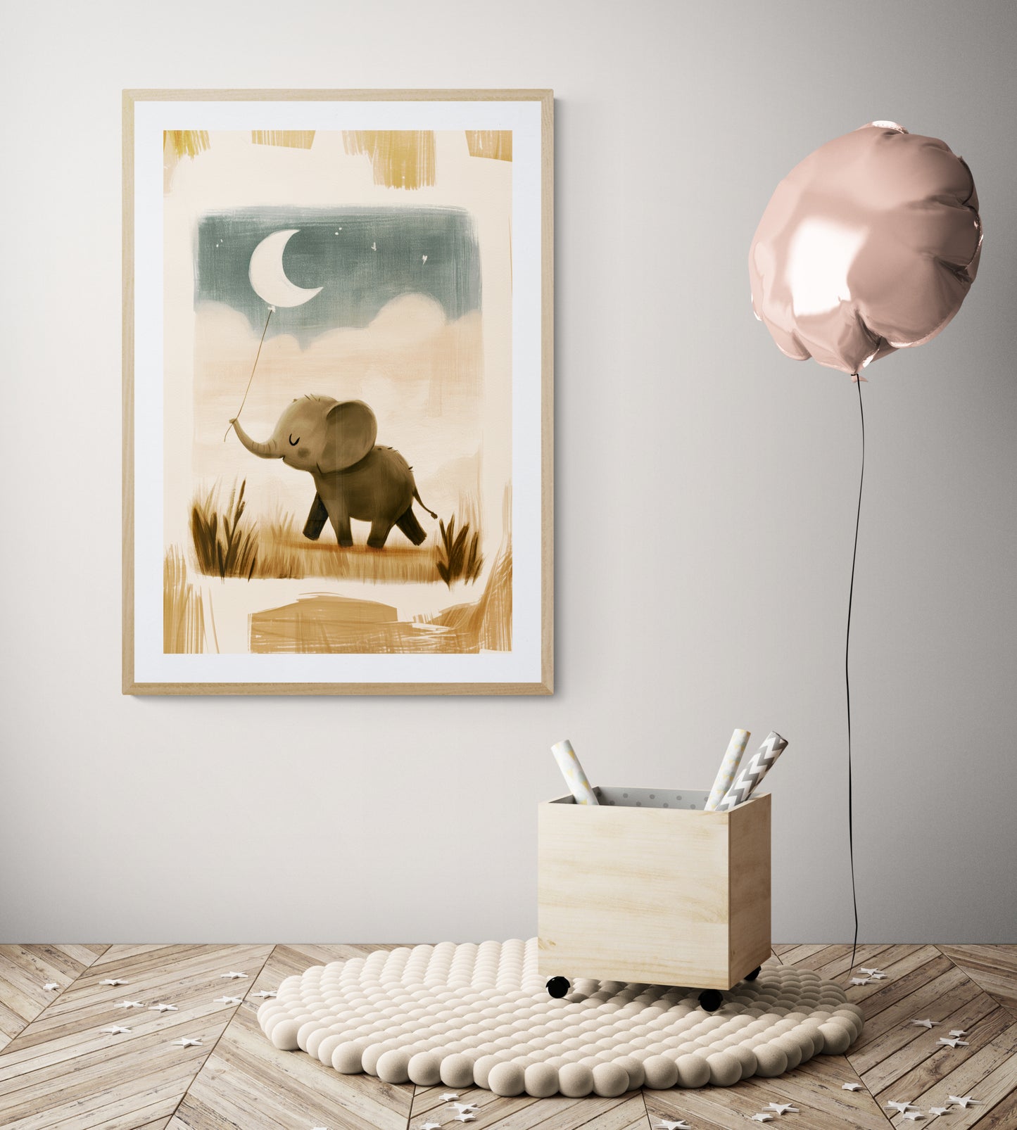 Baby Elephant with Moon Balloon — Whimsical Minimalist Safari Nursery Illustration in Warm Neutrals