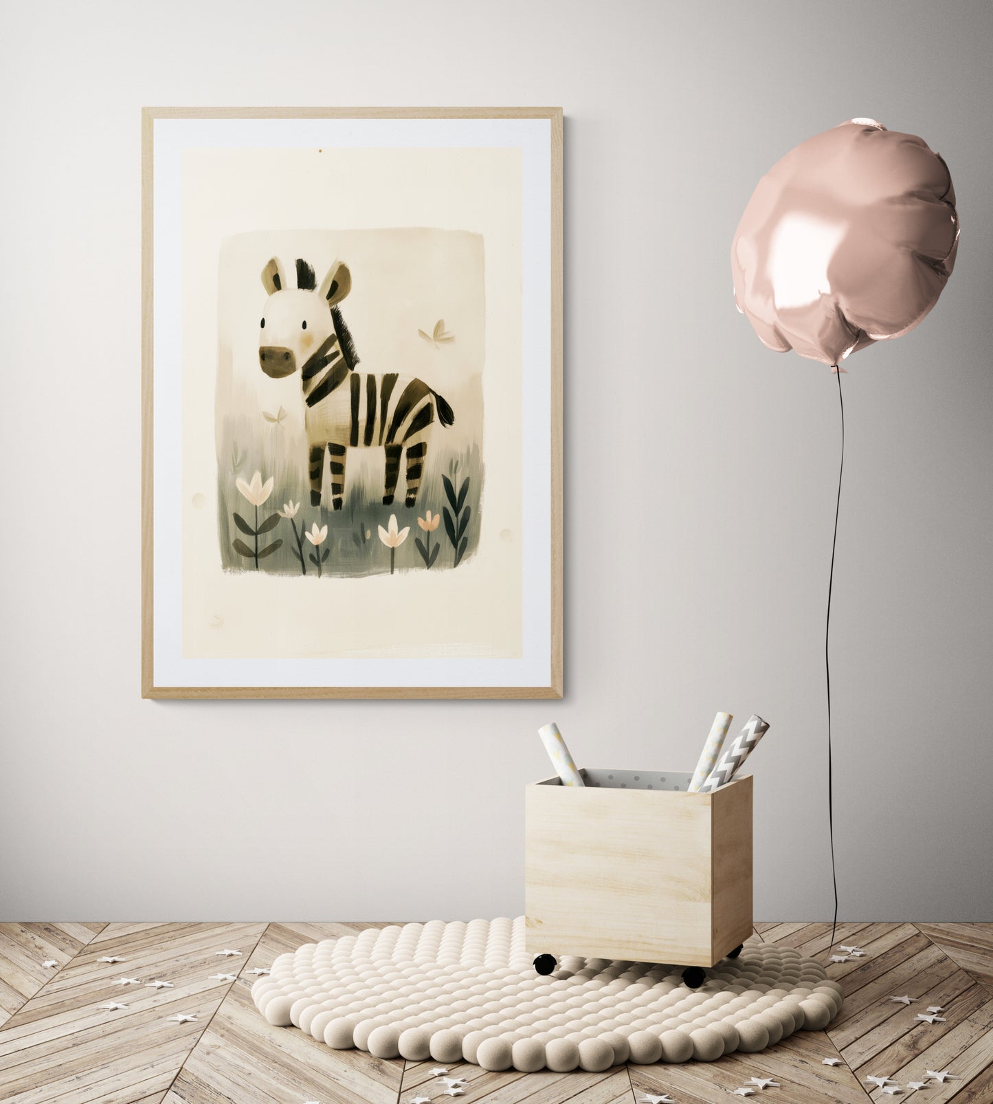 Whimsical Zebra in Wildflower Meadow - Minimalist Nursery Animal Illustration in Soft Neutrals