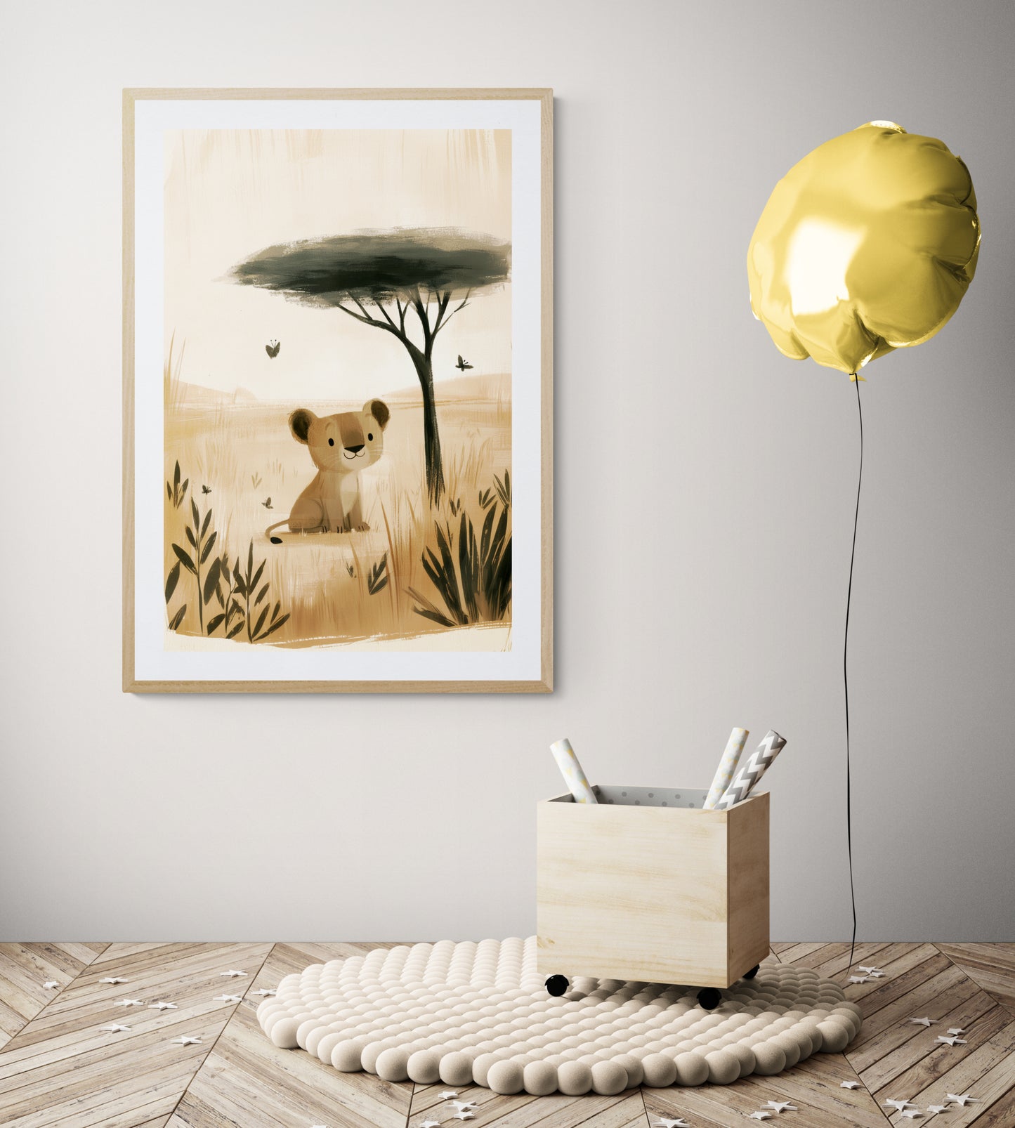 Cute Baby Lion Cub in the Savanna – Minimalist Safari Illustration in Warm Neutrals for Nursery and Kids Room