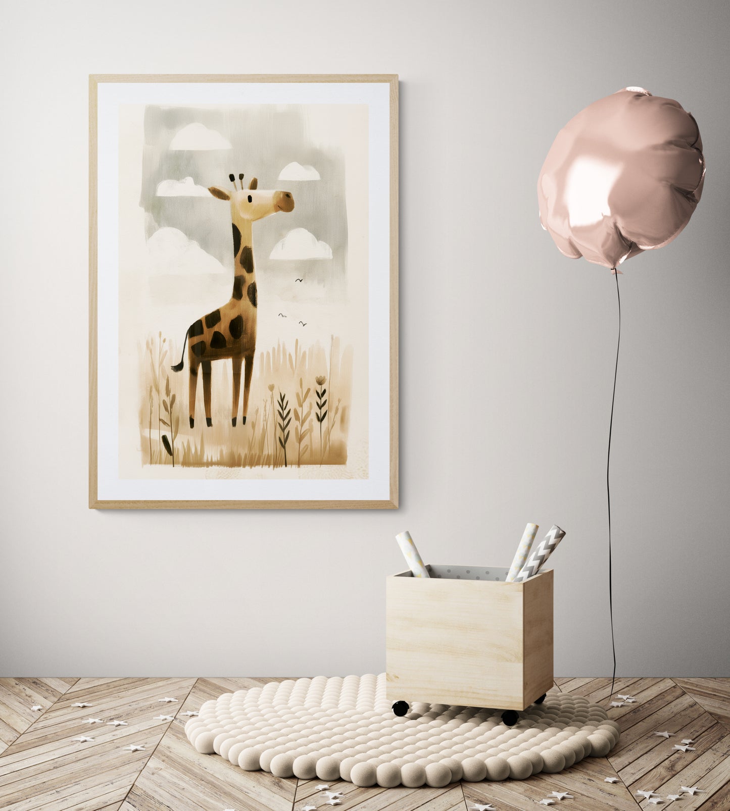 Whimsical Giraffe in Meadow – Neutral Safari Nursery Wall Art, Soft Watercolor Illustration in Beige and Brown