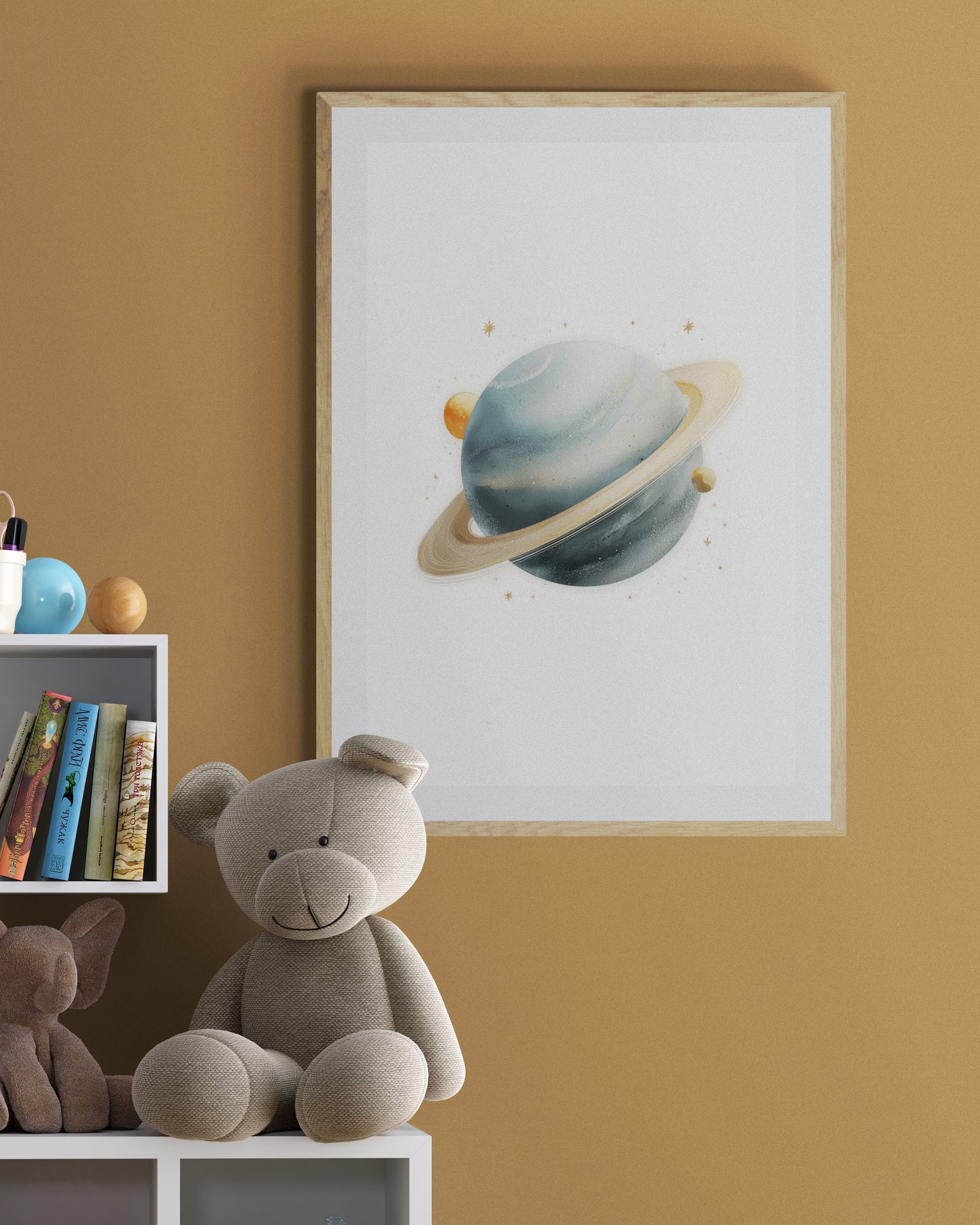 Watercolor Saturn Planet Nursery Wall Art Print, Neutral Blue Gold Space Kids Room Decor