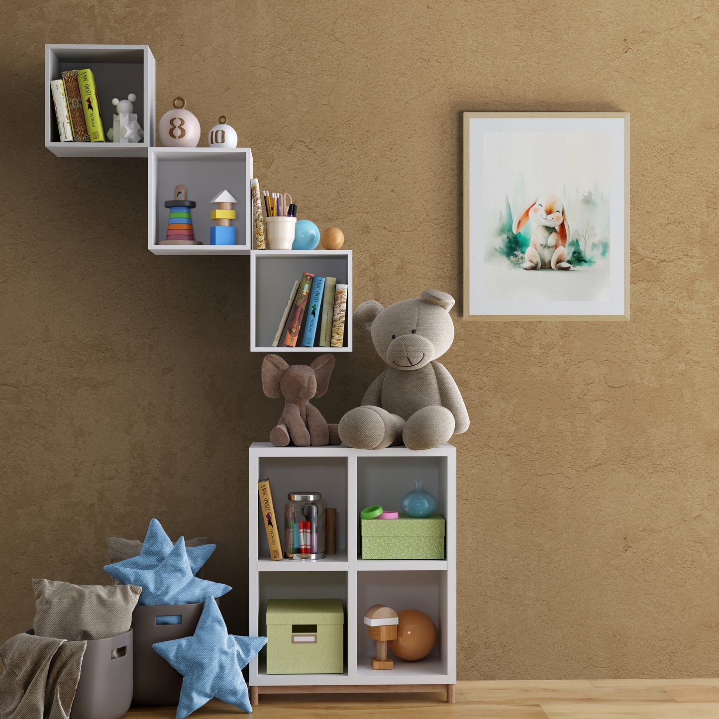 Smiling Woodland Bunny Watercolor – Whimsical Nursery Wall Art in Soft Green and Peach