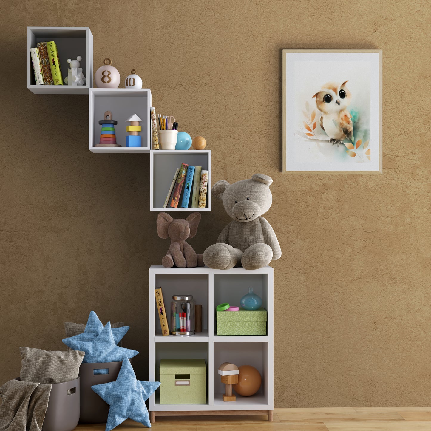 Whimsical Baby Owl Watercolor Art Print – Woodland Nursery Wall Art in Soft Beige, Teal, and Orange