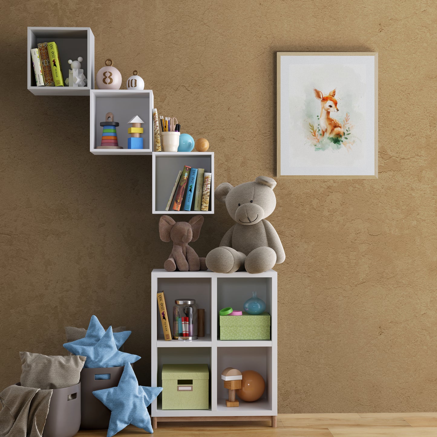 Whimsical Woodland Fawn Watercolor Print – Gentle Baby Deer Nursery Wall Art in Soft Greens and Warm Browns