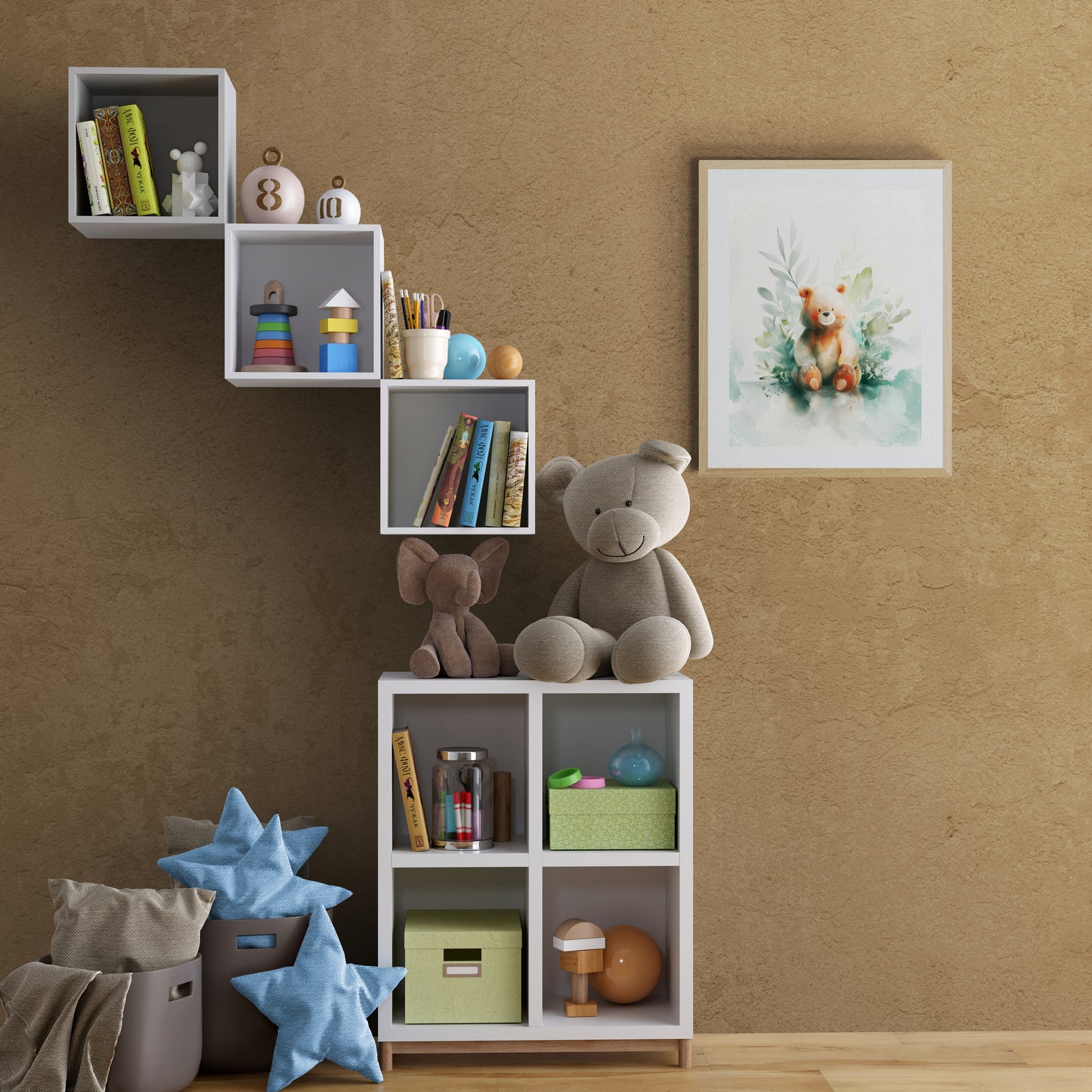 Botanical Teddy Bear – Soft Digital Watercolor Nursery Wall Art in Sage Green and Peach
