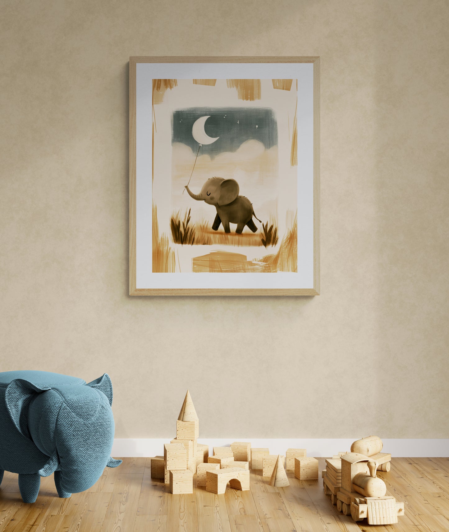 Baby Elephant with Moon Balloon — Whimsical Minimalist Safari Nursery Illustration in Warm Neutrals