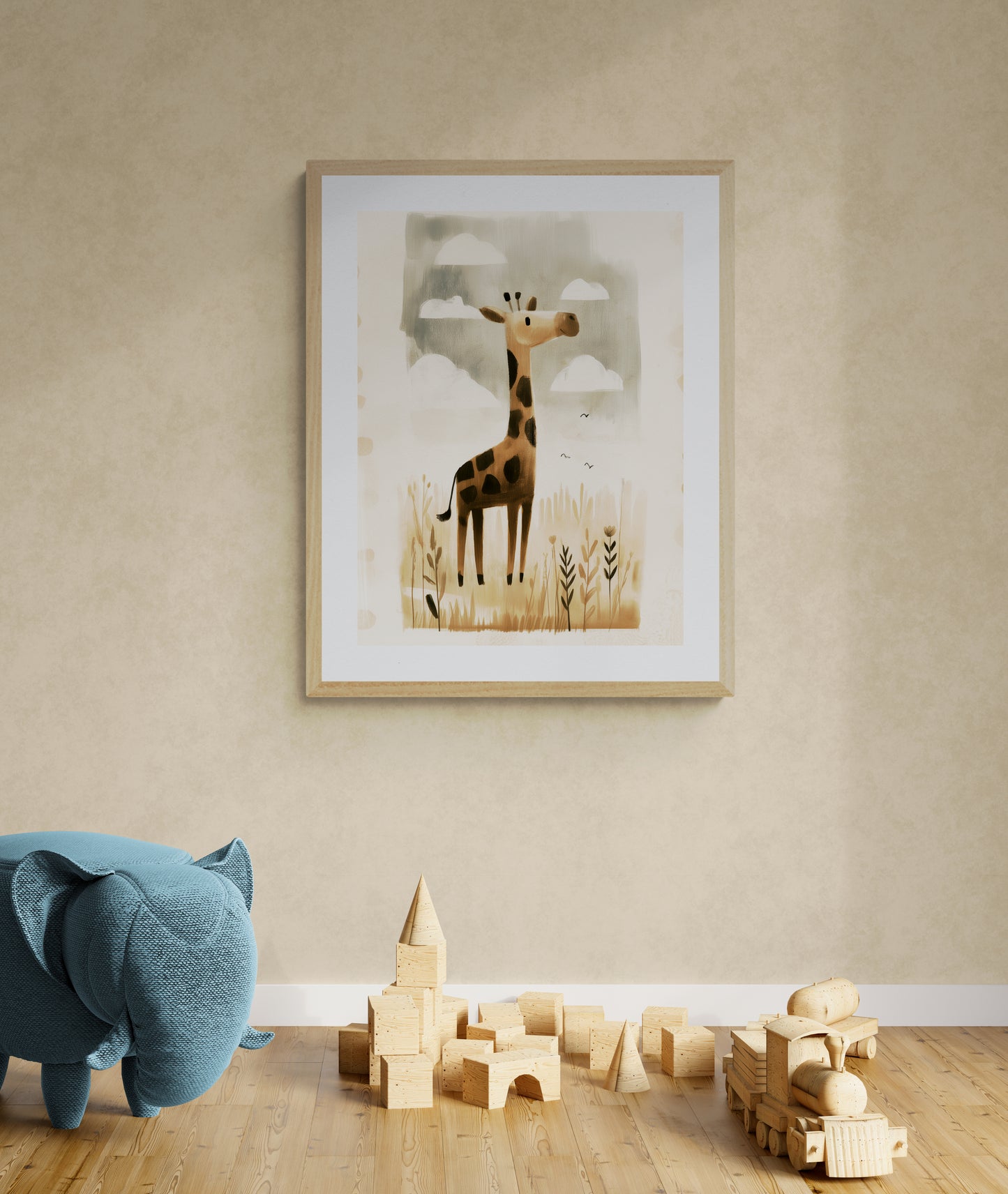 Whimsical Giraffe in Meadow – Neutral Safari Nursery Wall Art, Soft Watercolor Illustration in Beige and Brown
