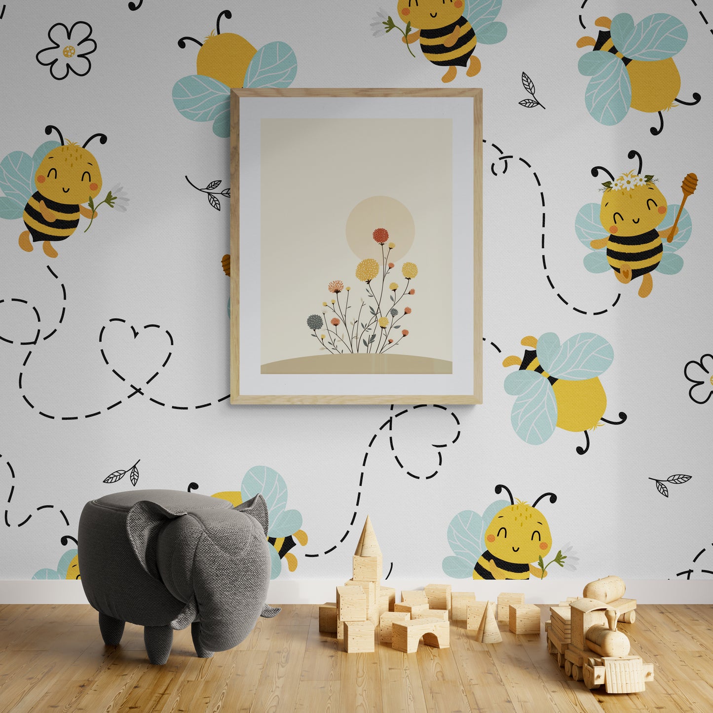 Blooming Florals & Sun – Boho Nursery Wall Art | Minimal Floral Sun Print for Kids Room