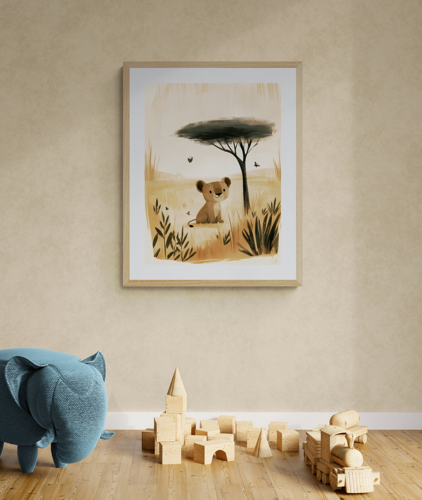 Cute Baby Lion Cub in the Savanna – Minimalist Safari Illustration in Warm Neutrals for Nursery and Kids Room