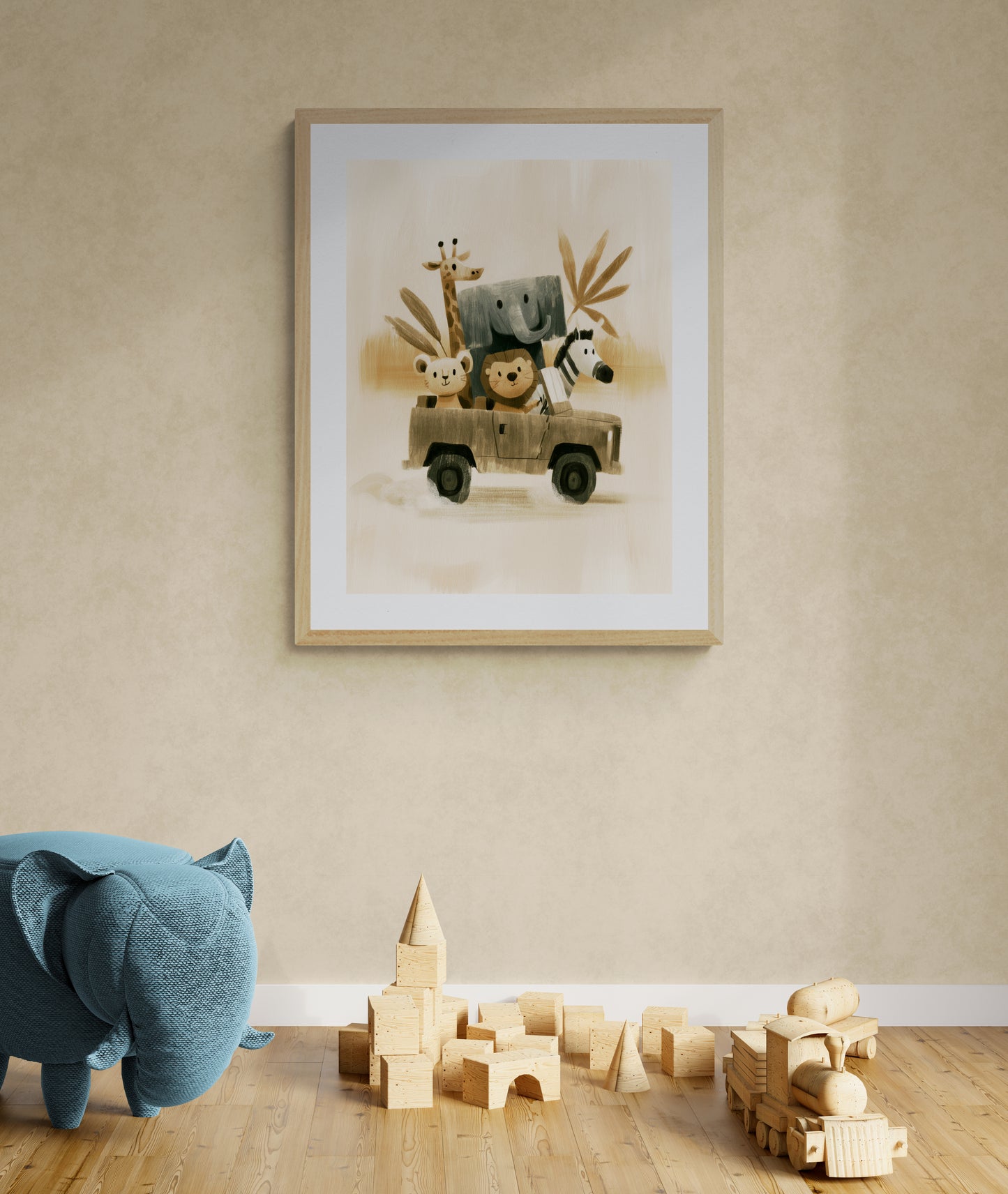 Safari Friends Road Trip – Whimsical Neutral Animal Illustration for Nursery Wall Art