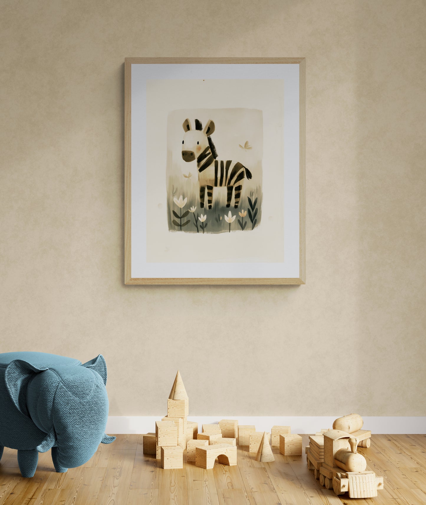 Whimsical Zebra in Wildflower Meadow - Minimalist Nursery Animal Illustration in Soft Neutrals