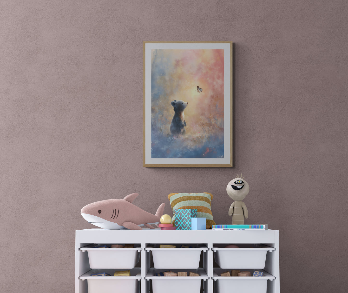 Little Bear and Butterfly Dreamscape – Whimsical Digital Watercolor Nursery Wall Art