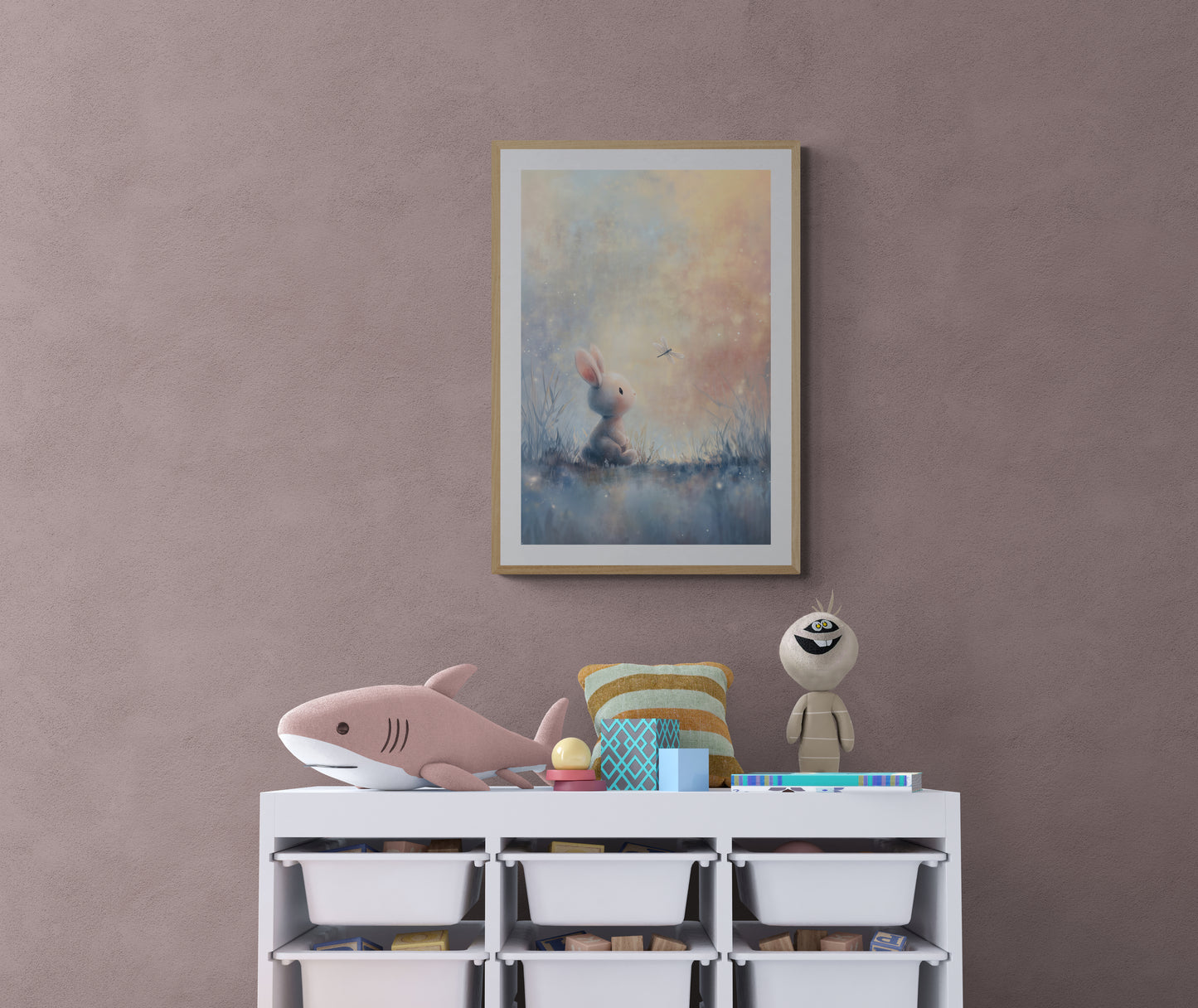 Dreamy Bunny and Dragonfly Meadow - Whimsical Pastel Digital Painting Nursery Wall Art