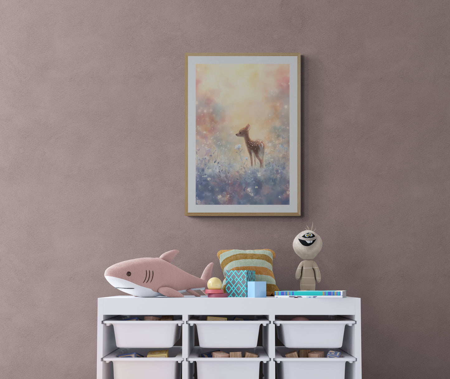 Dreamy Fawn in a Wildflower Meadow – Soft Pastel Digital Watercolor Nursery Art Print