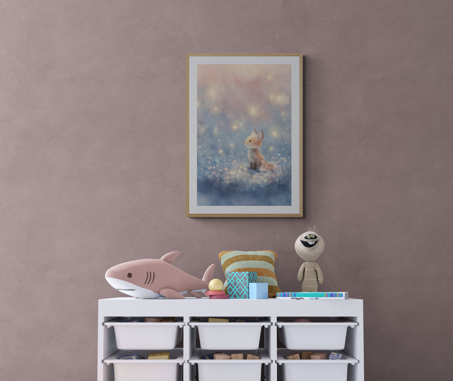 Whimsical Baby Fox with Fireflies in Pastel Twilight Meadow – Digital Painting Wall Art Print