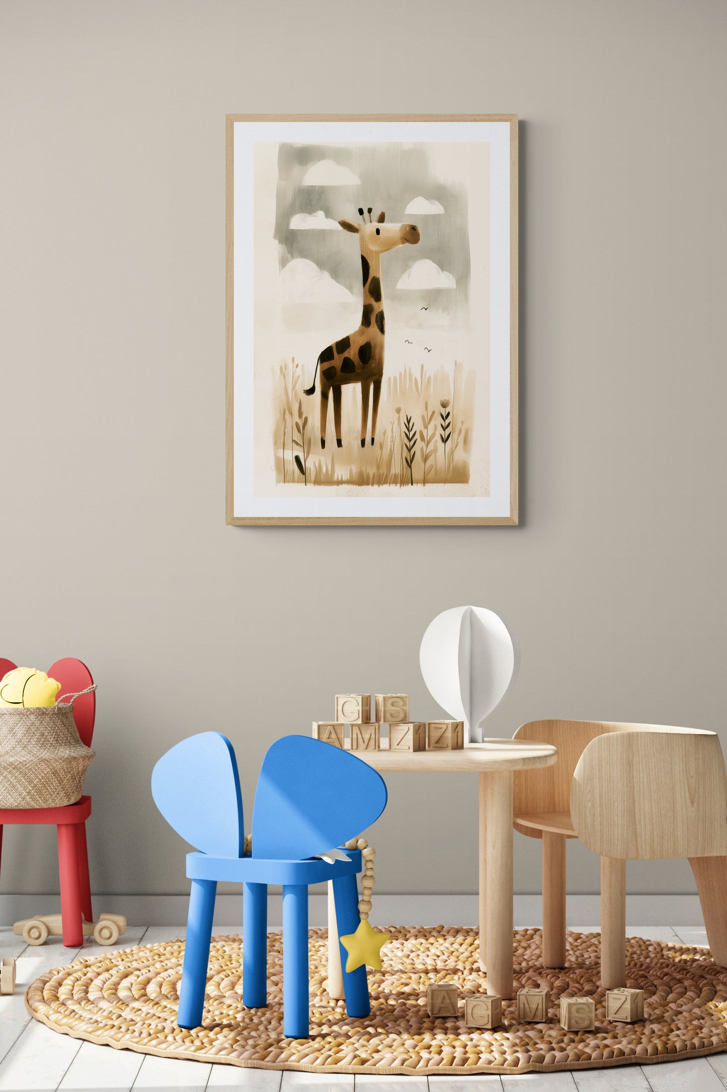 Whimsical Giraffe in Meadow – Neutral Safari Nursery Wall Art, Soft Watercolor Illustration in Beige and Brown