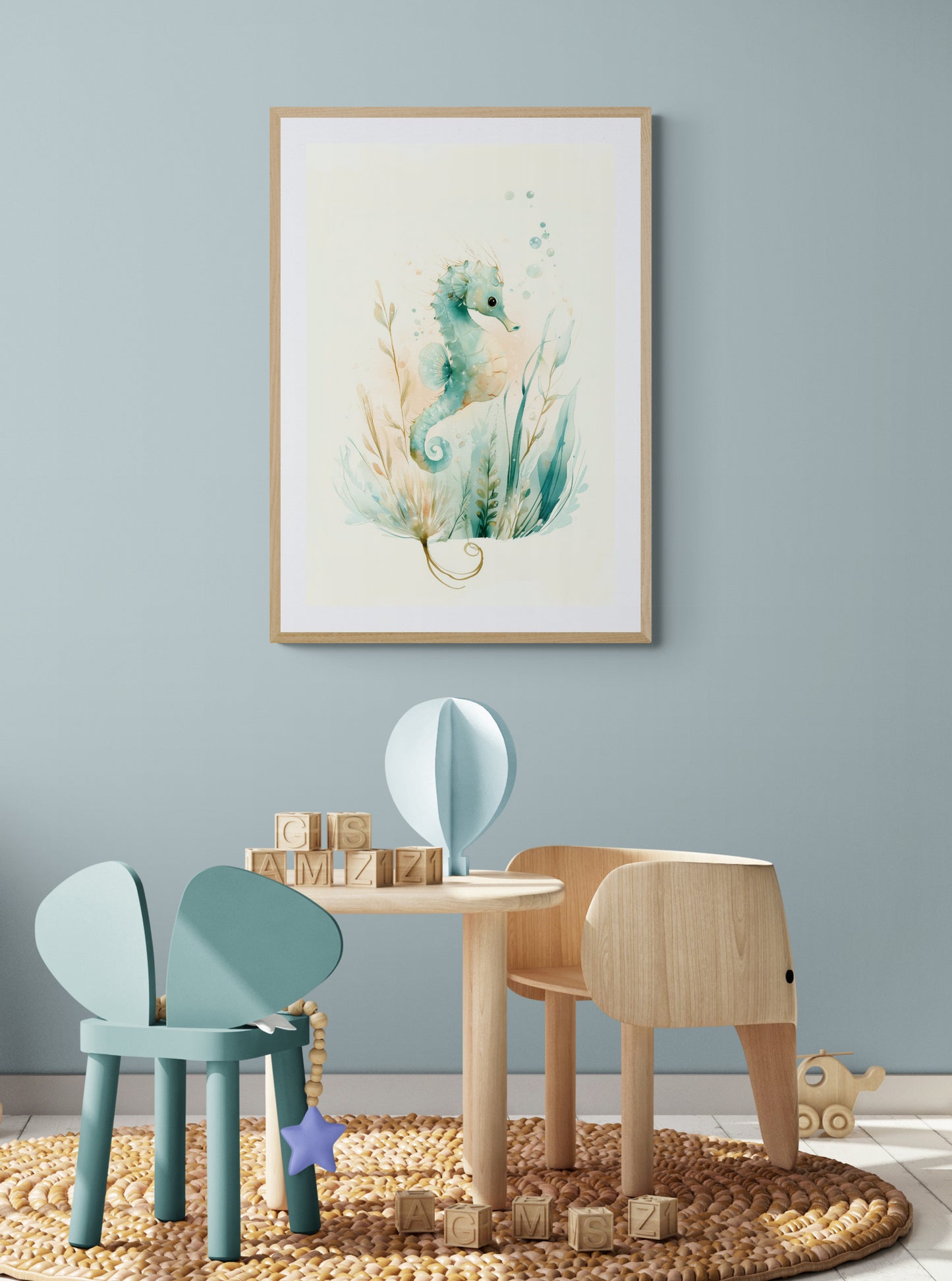 Whimsical Seahorse Watercolor Print in Soft Blue and Green – Calming Coastal Ocean Nursery Wall Art