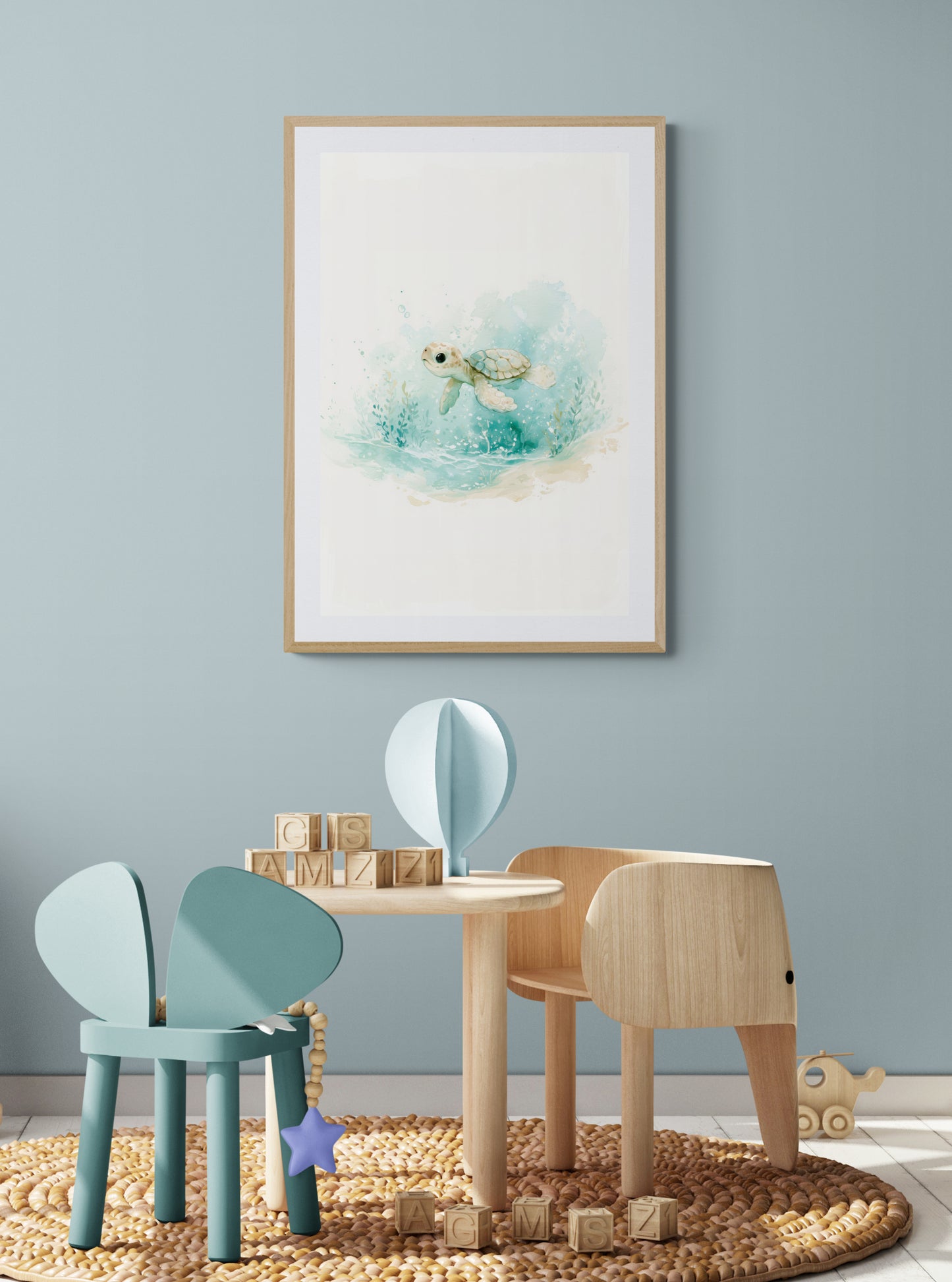 Baby Sea Turtle Watercolor – Whimsical Ocean Nursery Wall Art in Soft Aqua and Mint
