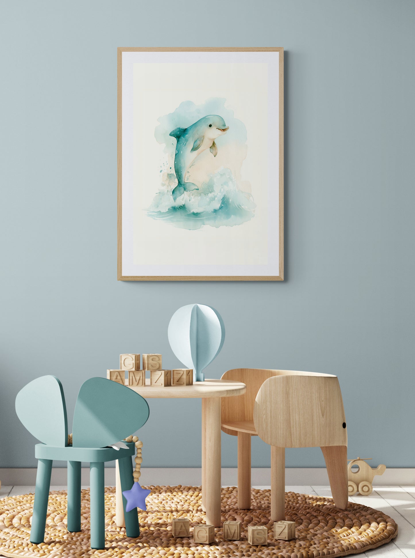 Playful Dolphin Splash Watercolor – Whimsical Ocean Nursery Wall Art in Soft Blue and Seafoam