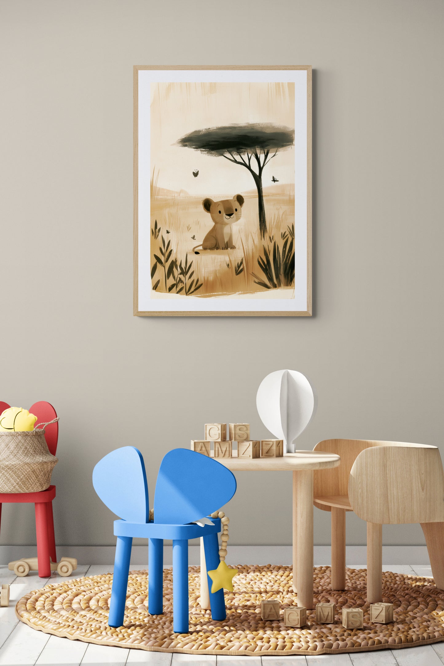 Cute Baby Lion Cub in the Savanna – Minimalist Safari Illustration in Warm Neutrals for Nursery and Kids Room