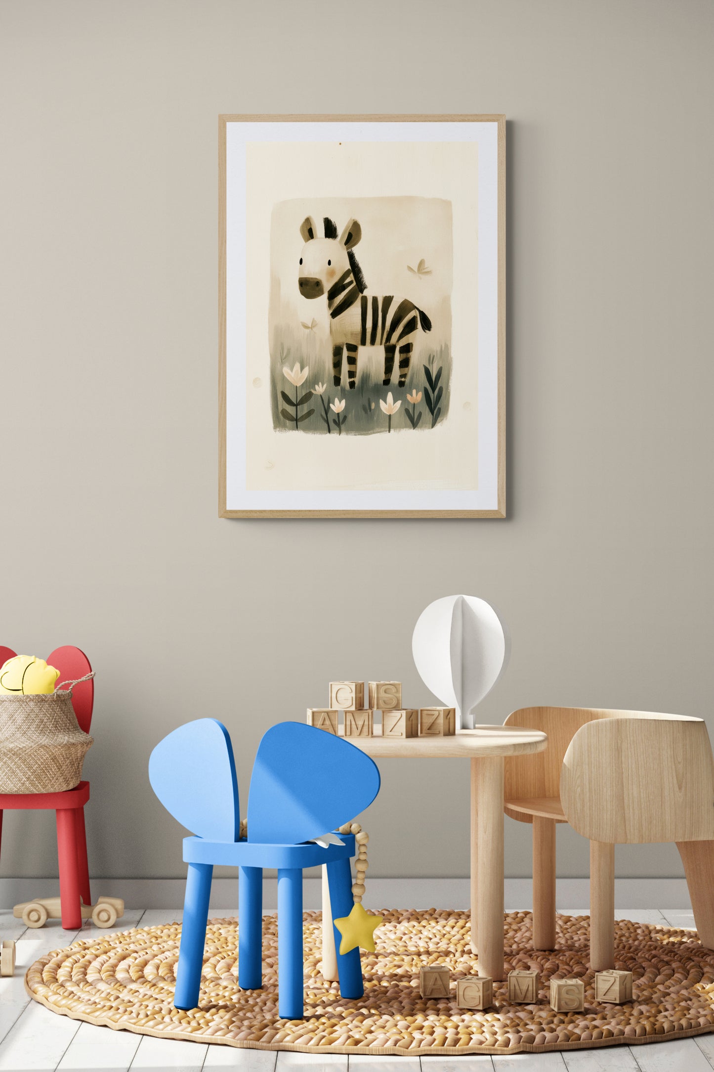 Whimsical Zebra in Wildflower Meadow - Minimalist Nursery Animal Illustration in Soft Neutrals