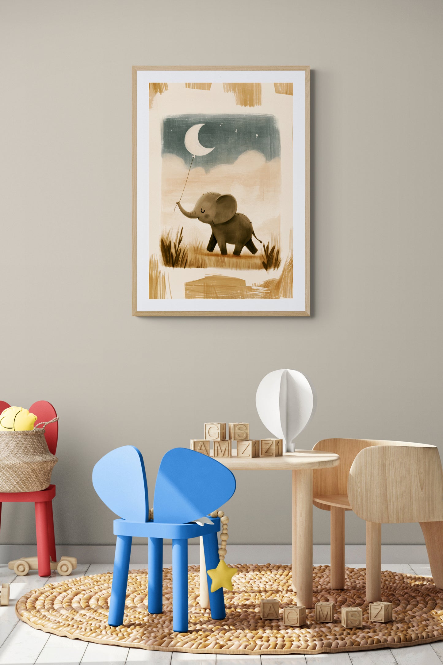 Baby Elephant with Moon Balloon — Whimsical Minimalist Safari Nursery Illustration in Warm Neutrals
