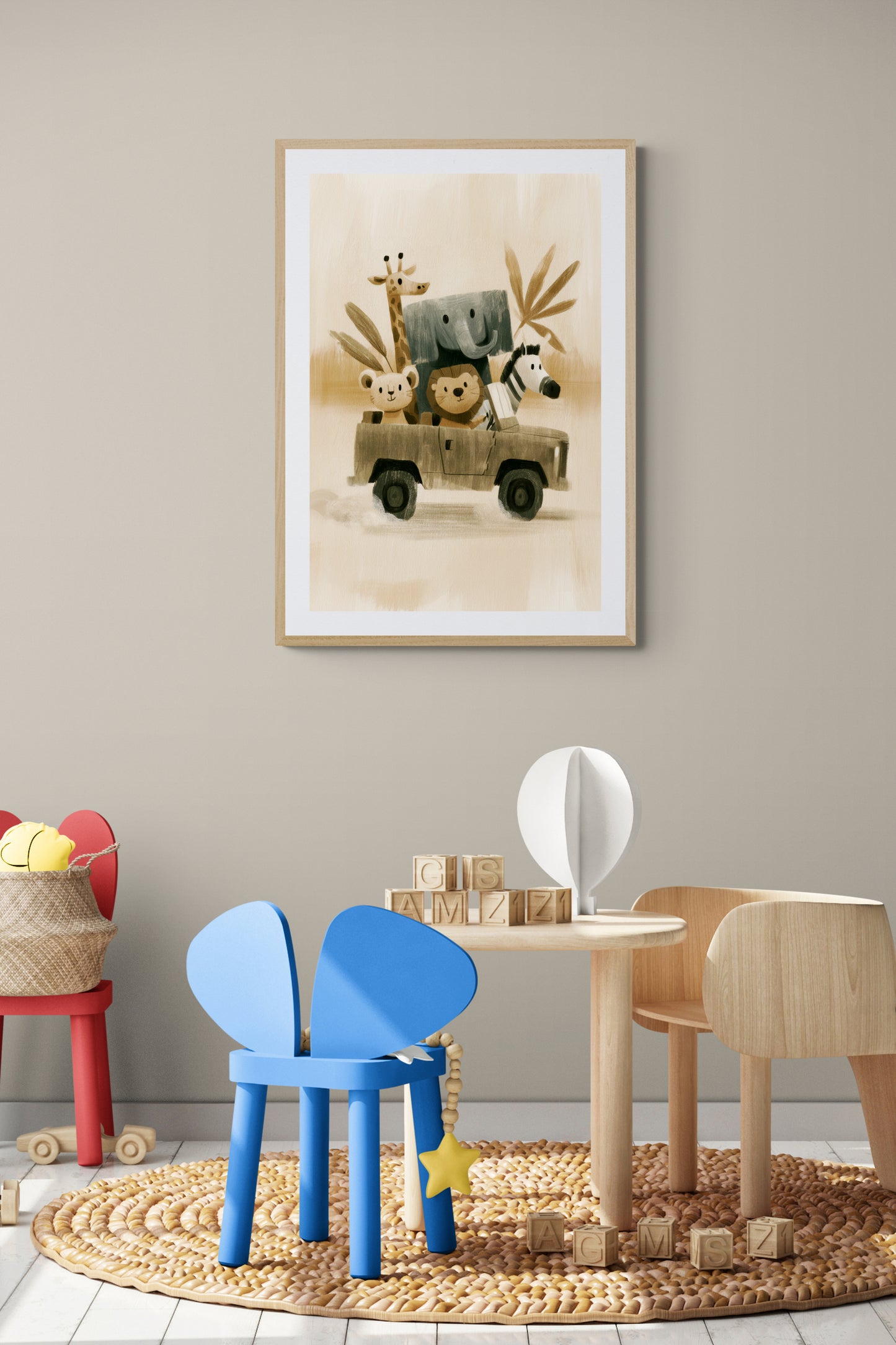 Safari Friends Road Trip – Whimsical Neutral Animal Illustration for Nursery Wall Art