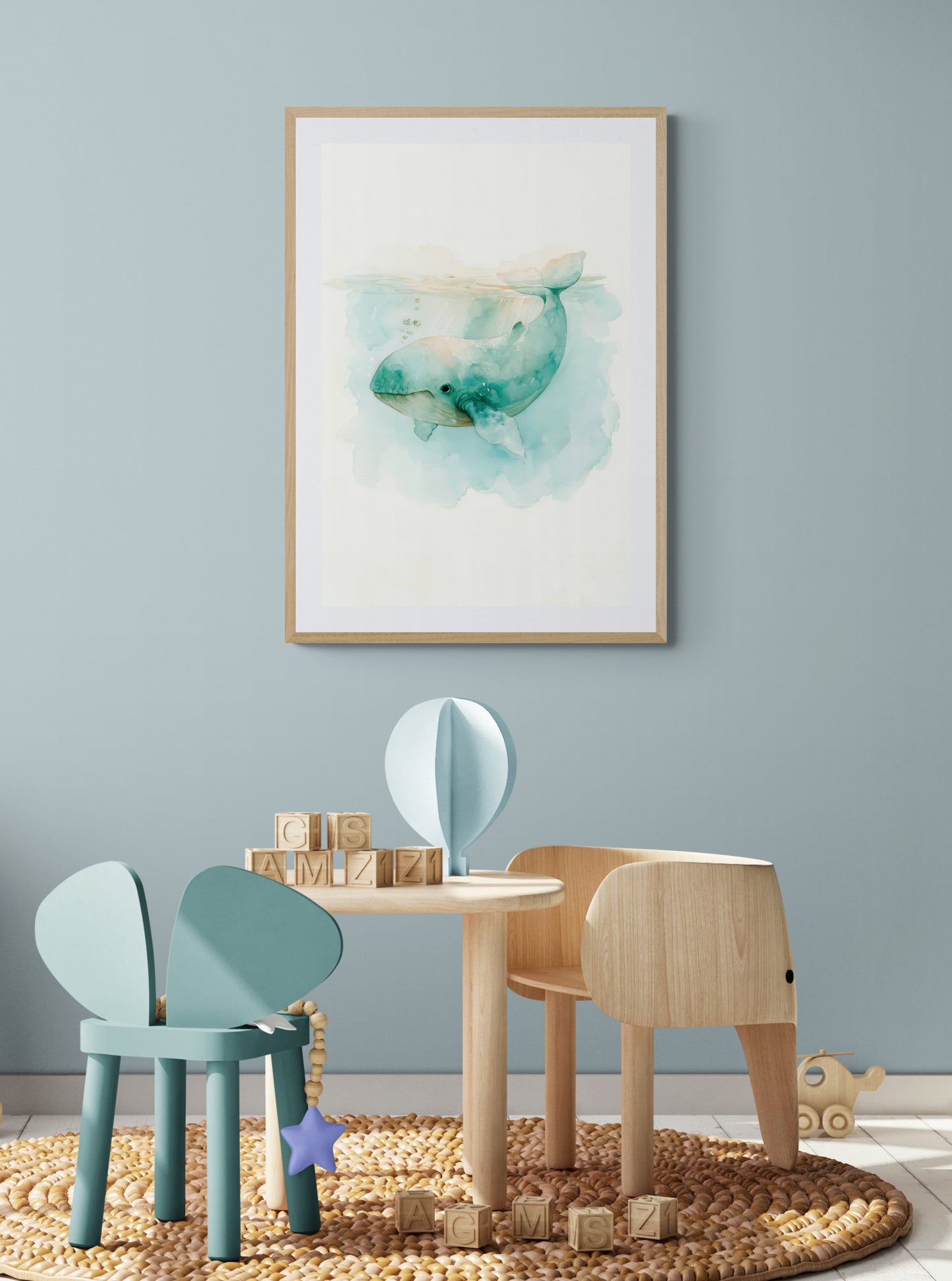 Gentle Seafoam Whale Watercolor – Calming Ocean Nursery Wall Art, Whimsical Coastal Animal Illustration