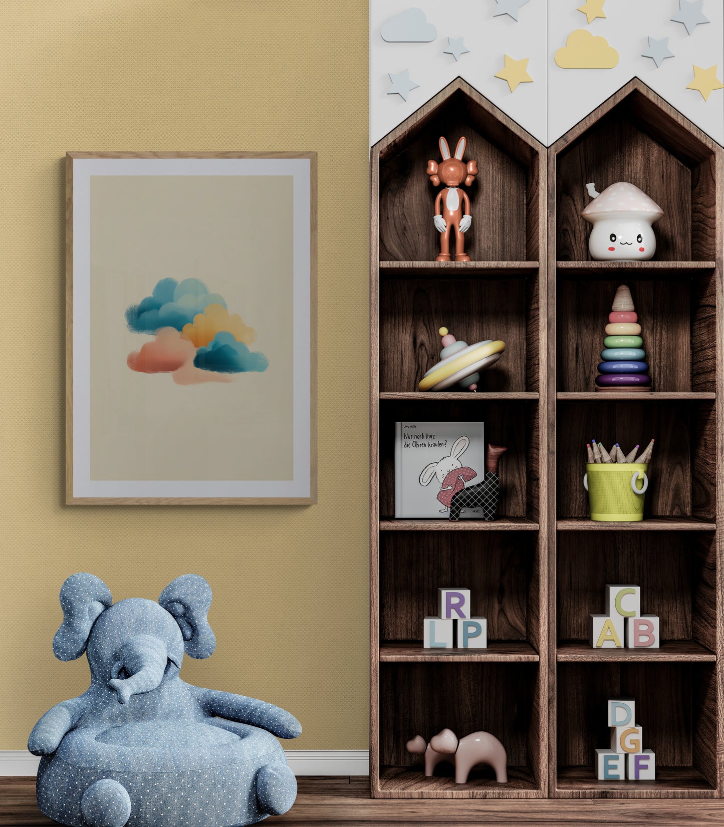Colorful Cloud Nursery Wall Art Print, Teal Peach Yellow Brushstroke Sky, Modern Kids Room & Playroom Decor