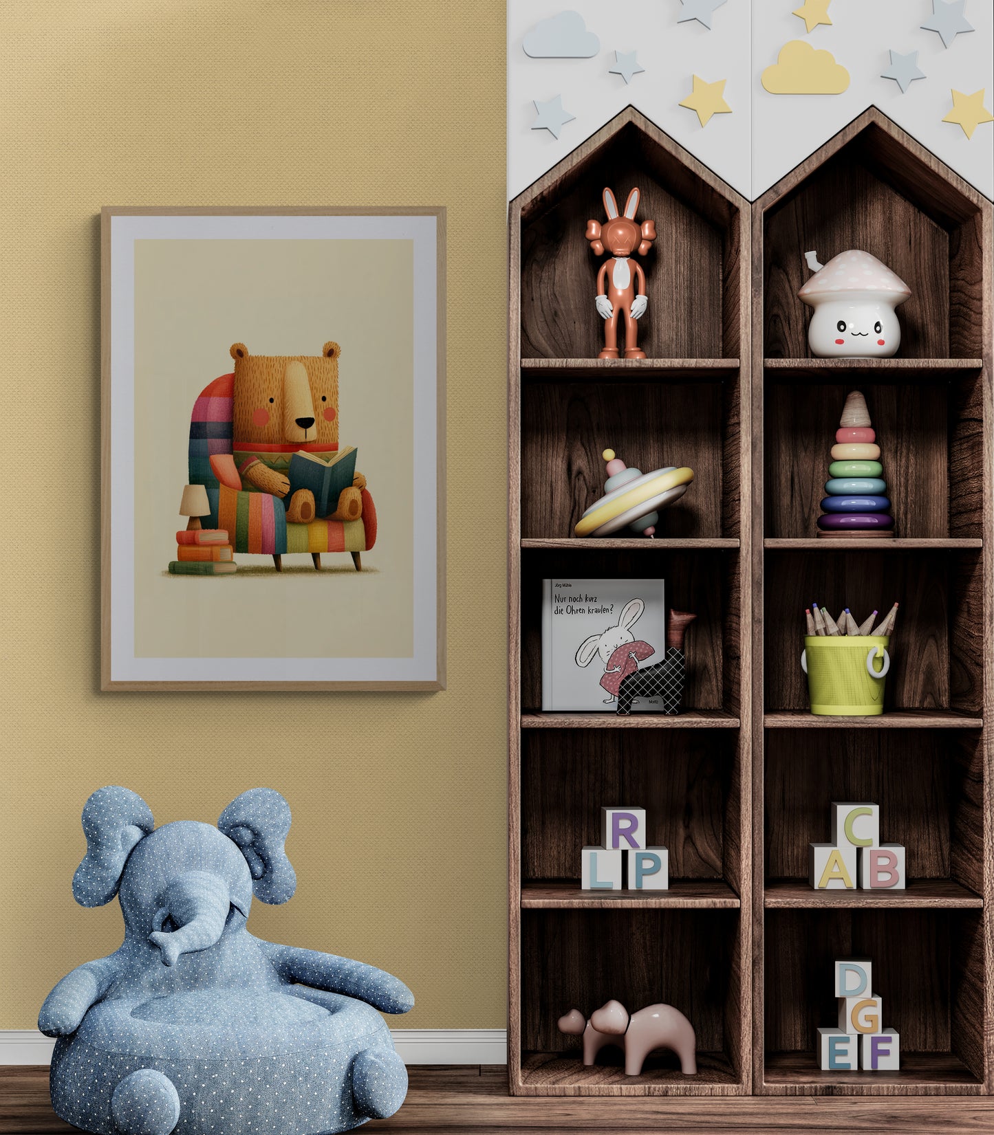Cozy Reading Bear in Rainbow Stripe Armchair – Whimsical Nursery Animal Illustration Wall Art