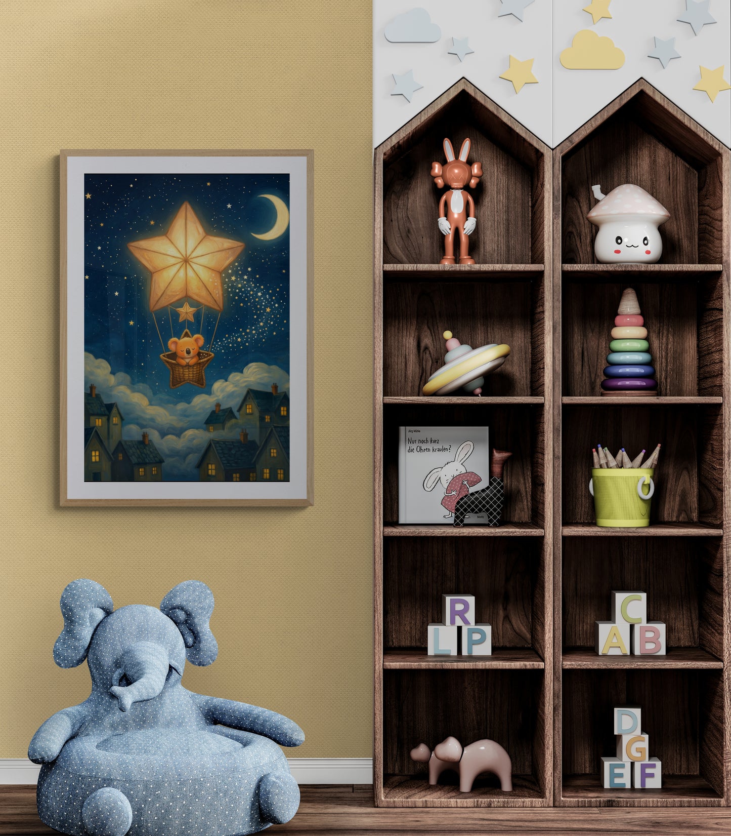 Sleepy Koala in Star Balloon Over Moonlit Village – Dreamy Celestial Nursery Wall Art Print, Digital Illustration
