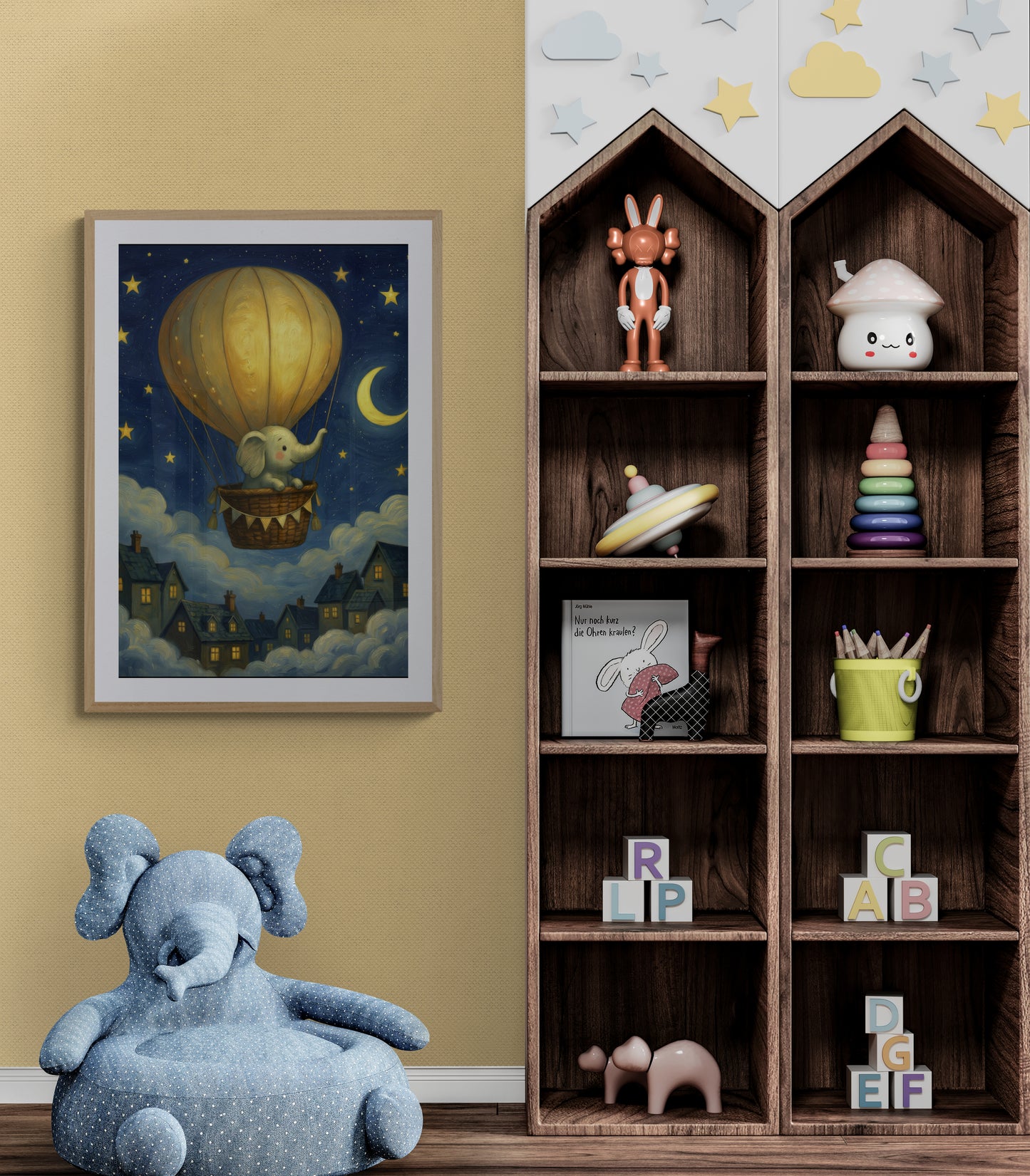 Dreamy Elephant Balloon Ride Under Moon and Stars - Whimsical Gouache Nursery Wall Art Print