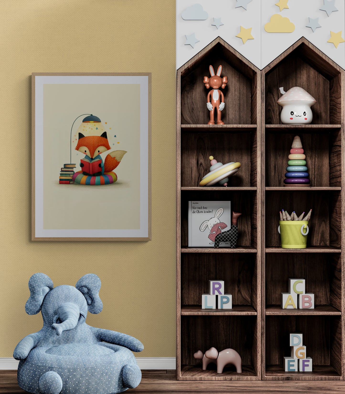 Reading Fox Under Cozy Lamp Whimsical Animal Illustration for Nursery and Kids Room